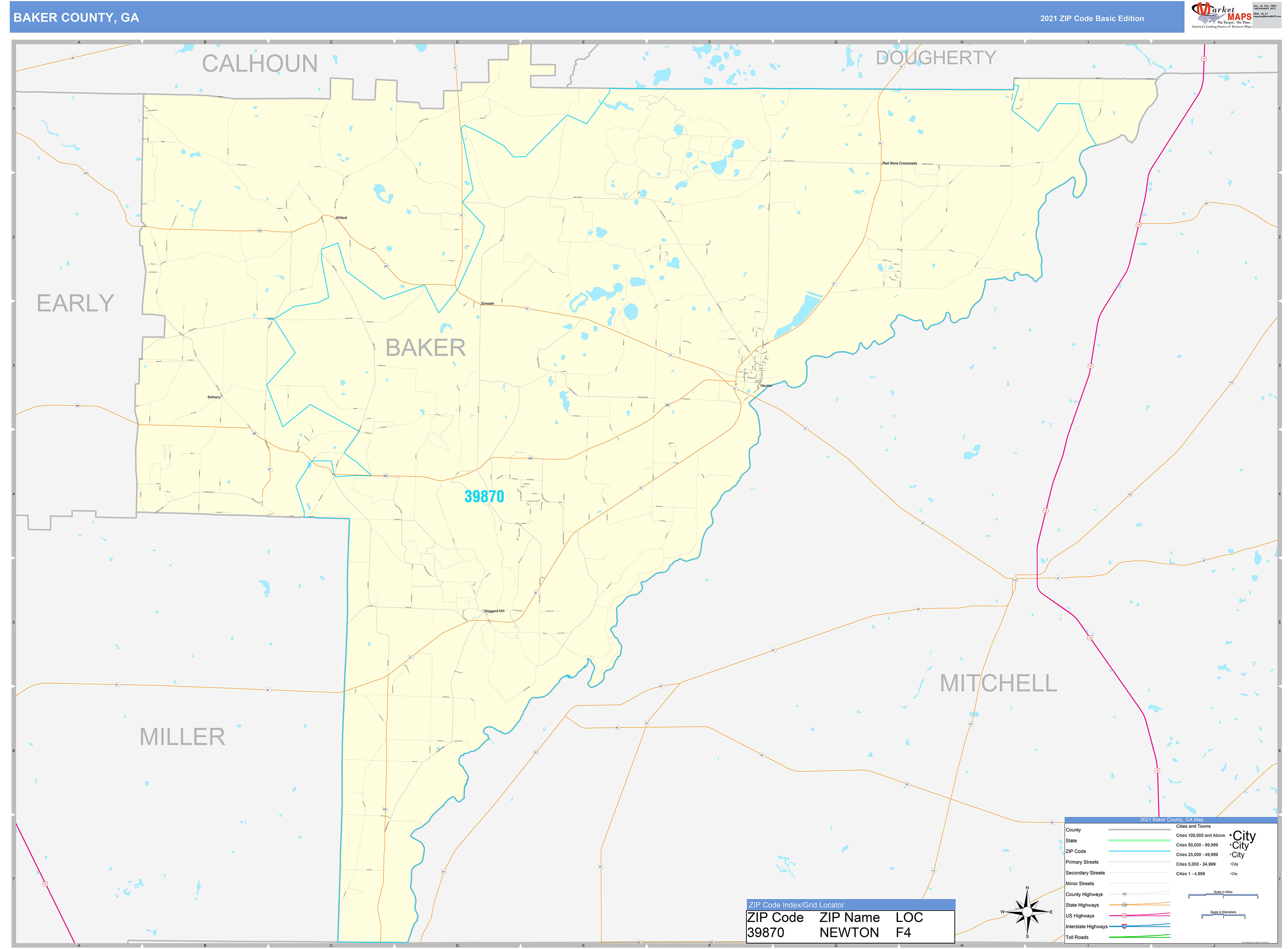 Baker County, GA Zip Code Wall Map Basic Style by MarketMAPS MapSales