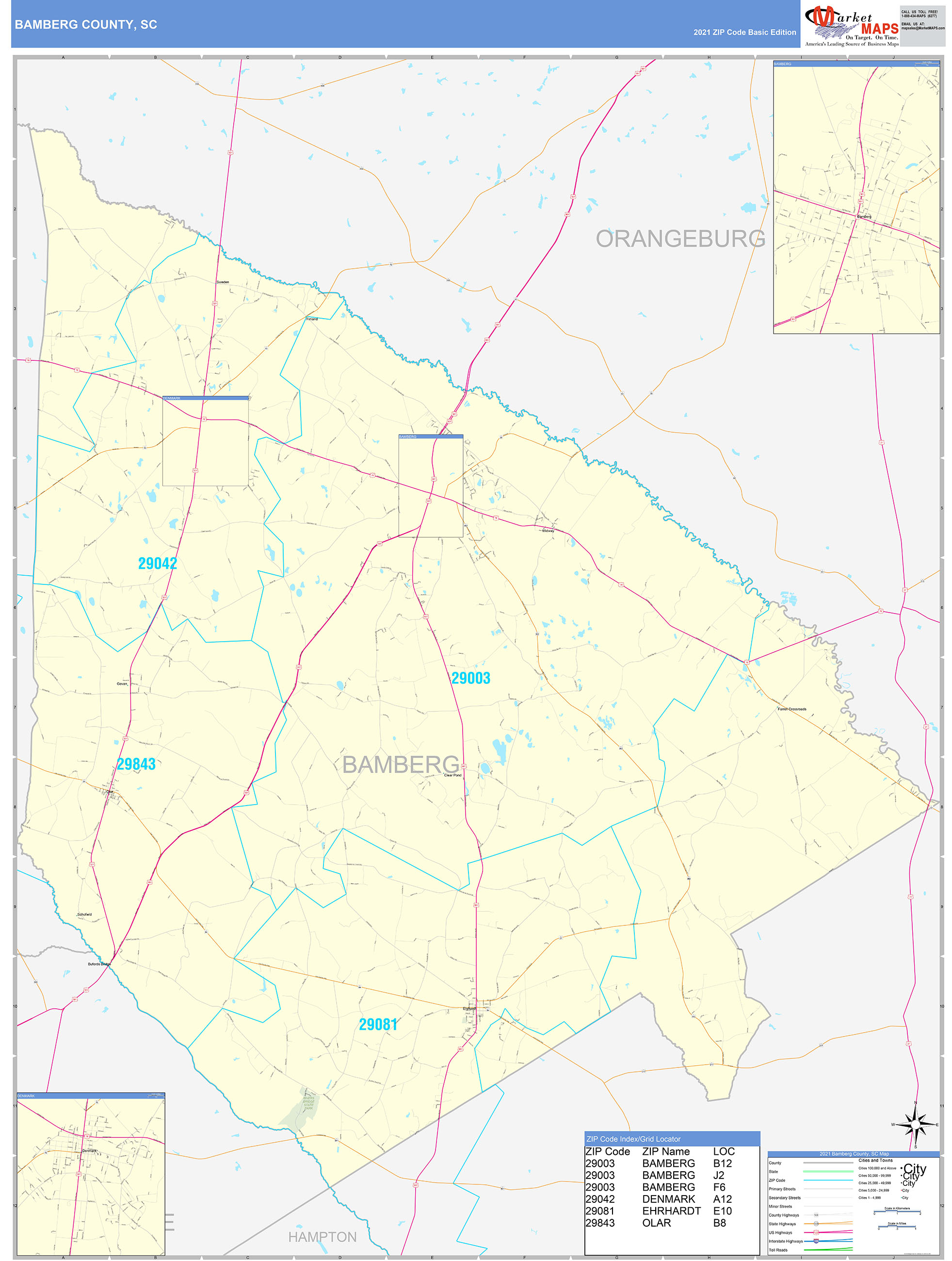Bamberg County, SC Zip Code Wall Map Basic Style by MarketMAPS MapSales