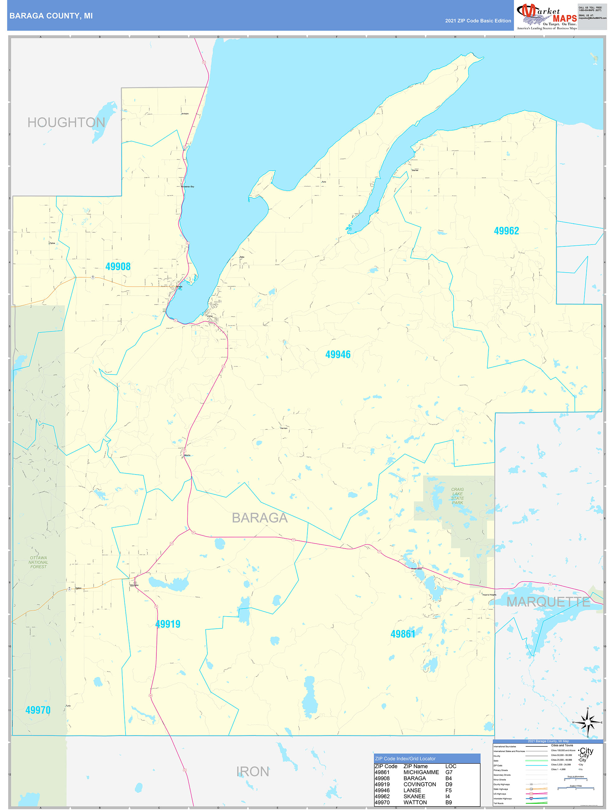 Baraga County, MI Zip Code Wall Map Basic Style by MarketMAPS MapSales