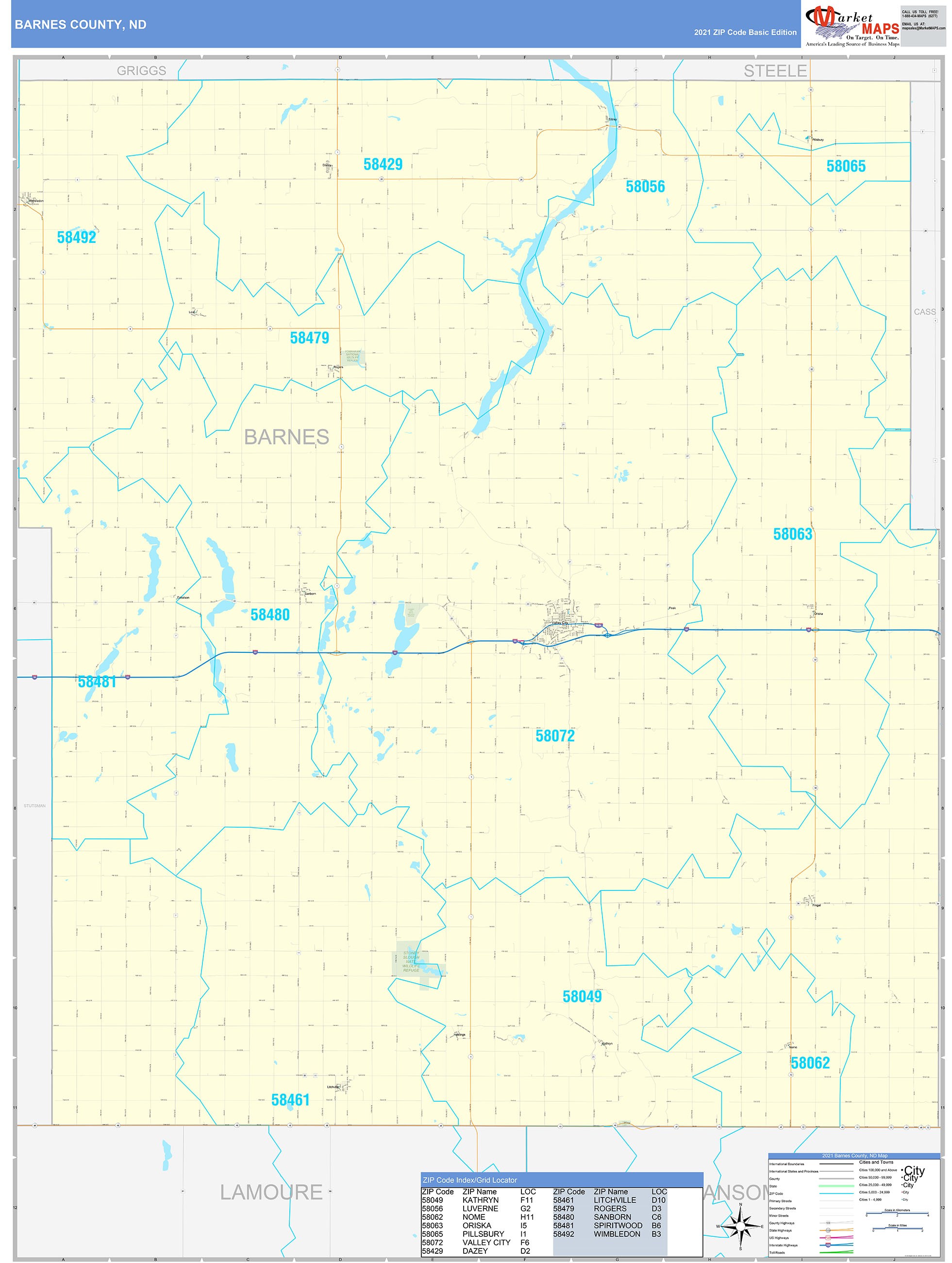 Barnes County, ND Zip Code Wall Map Basic Style by MarketMAPS