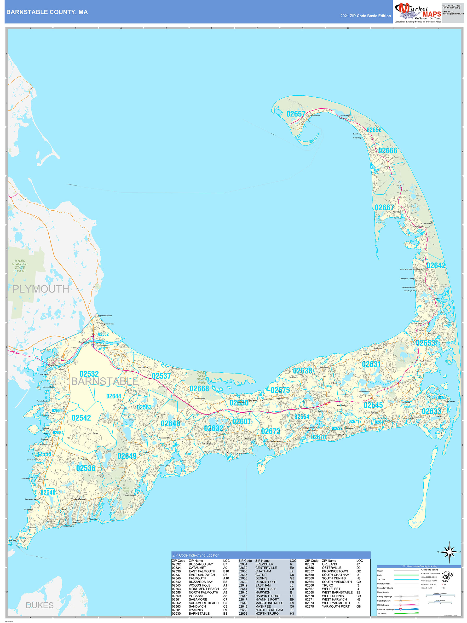 Barnstable County, MA Zip Code Wall Map Basic Style by MarketMAPS ...