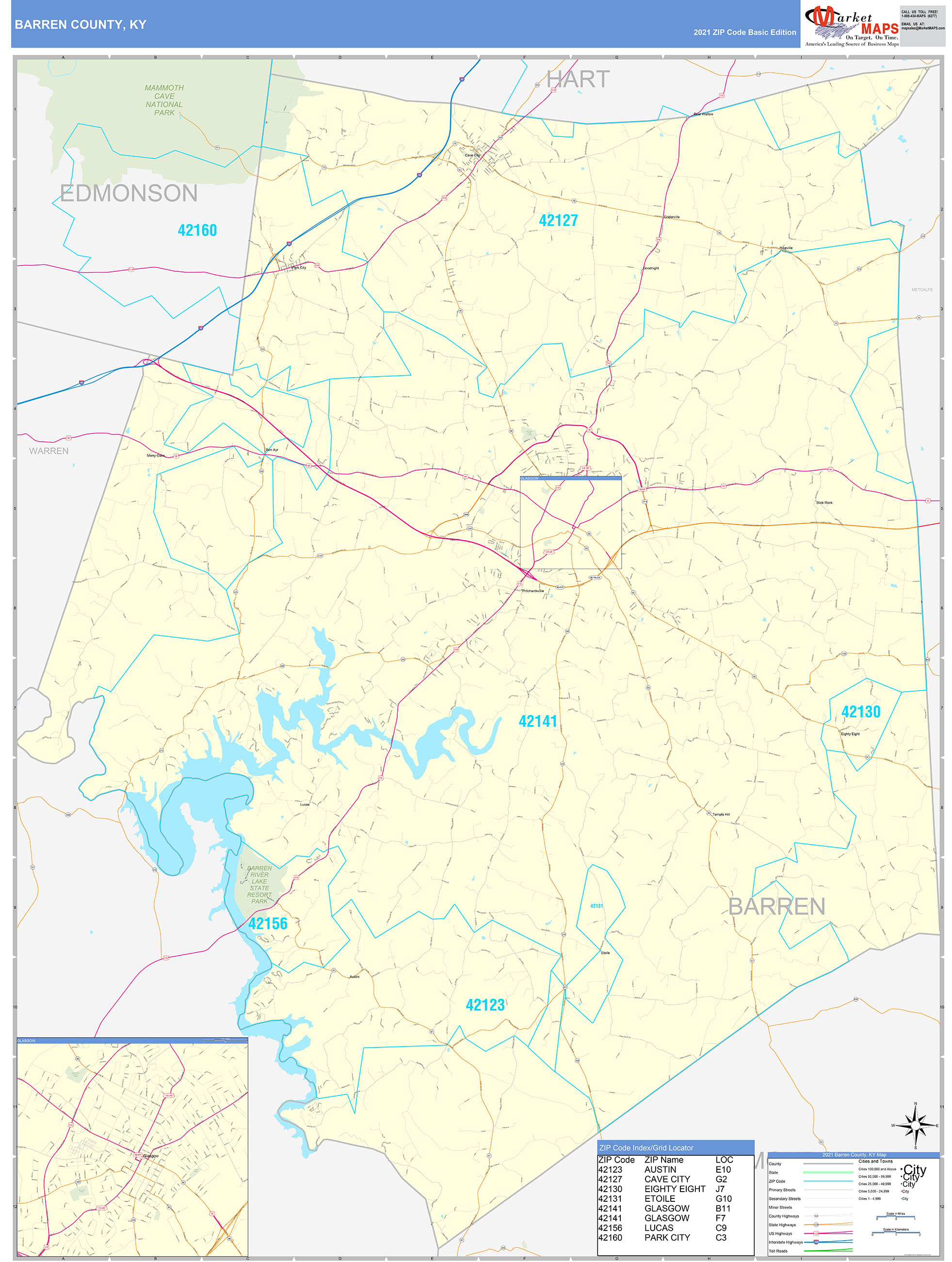 Barren County, KY Zip Code Wall Map Basic Style by MarketMAPS