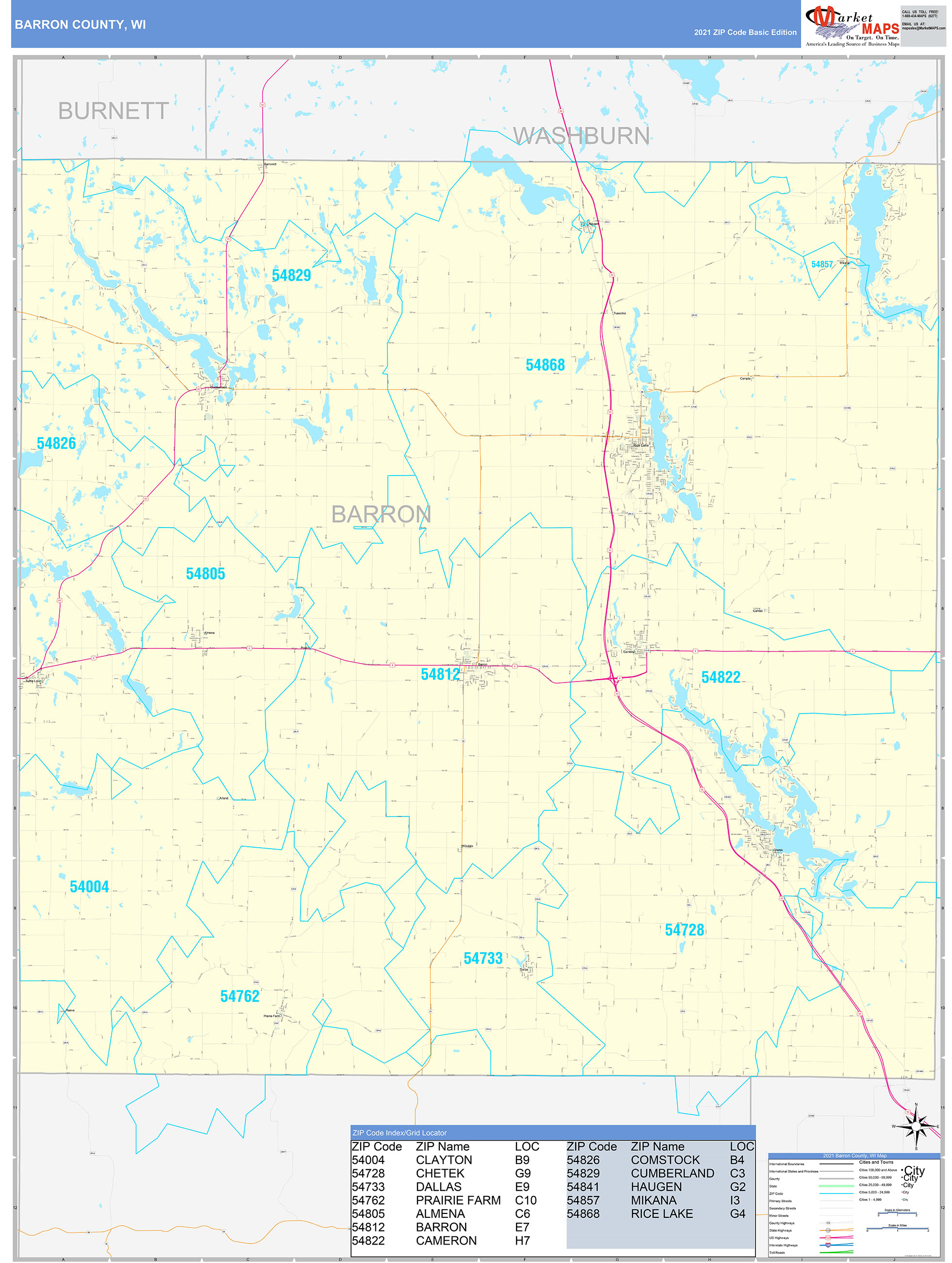 Barron County, WI Zip Code Wall Map Basic Style by MarketMAPS MapSales