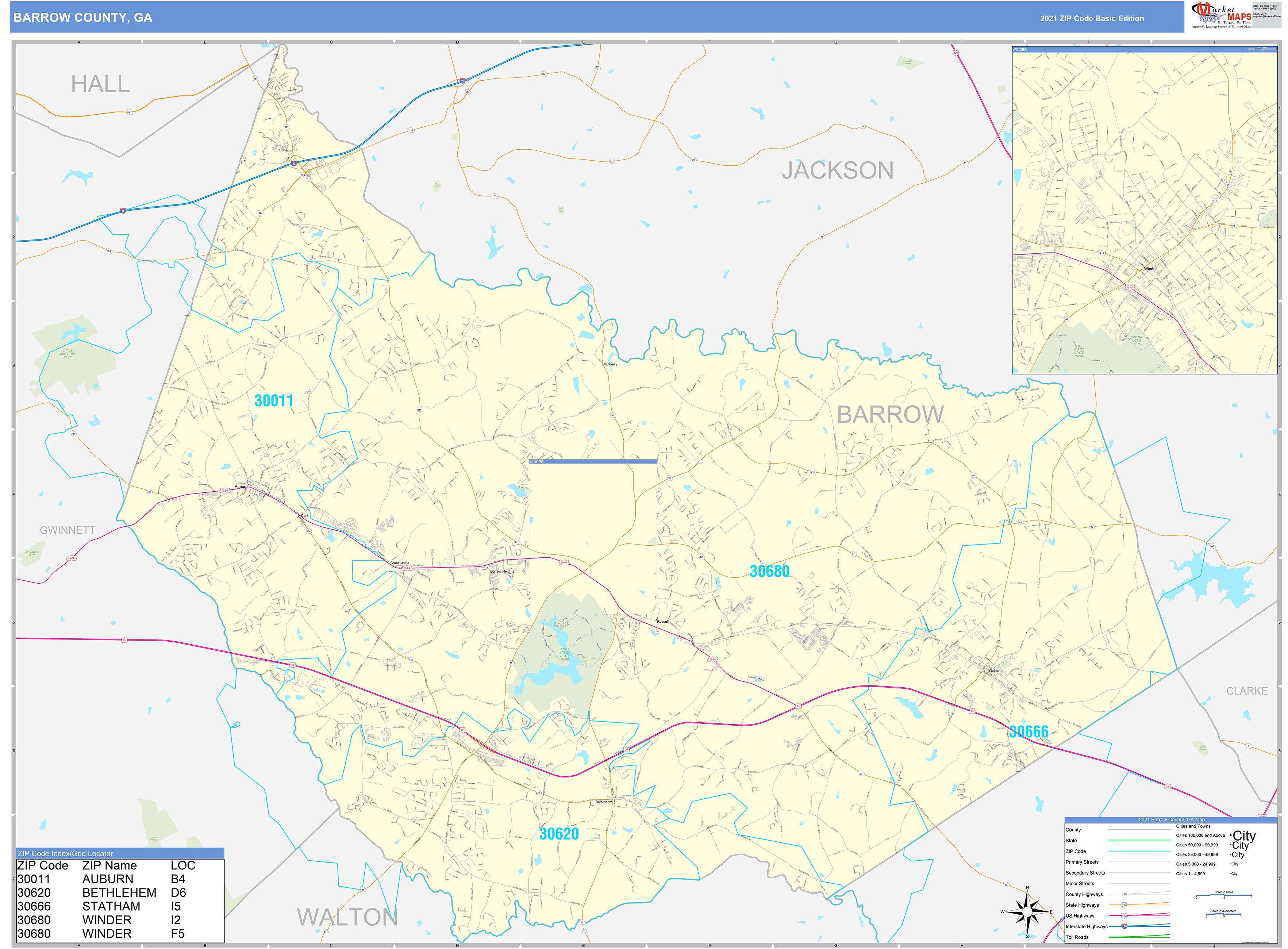 Barrow County, GA Zip Code Wall Map Basic Style by MarketMAPS MapSales
