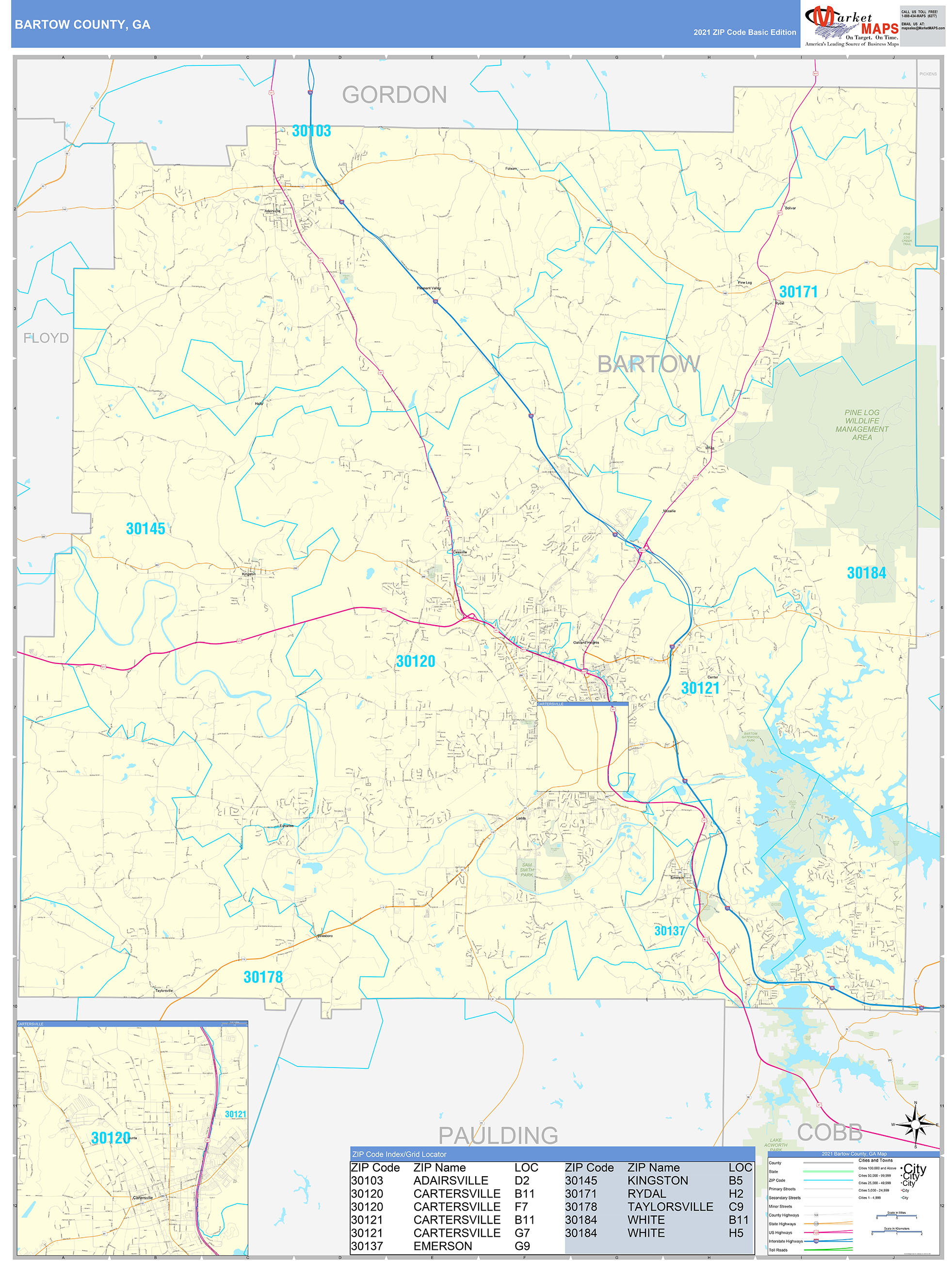 Bartow County, GA Zip Code Wall Map Basic Style by MarketMAPS