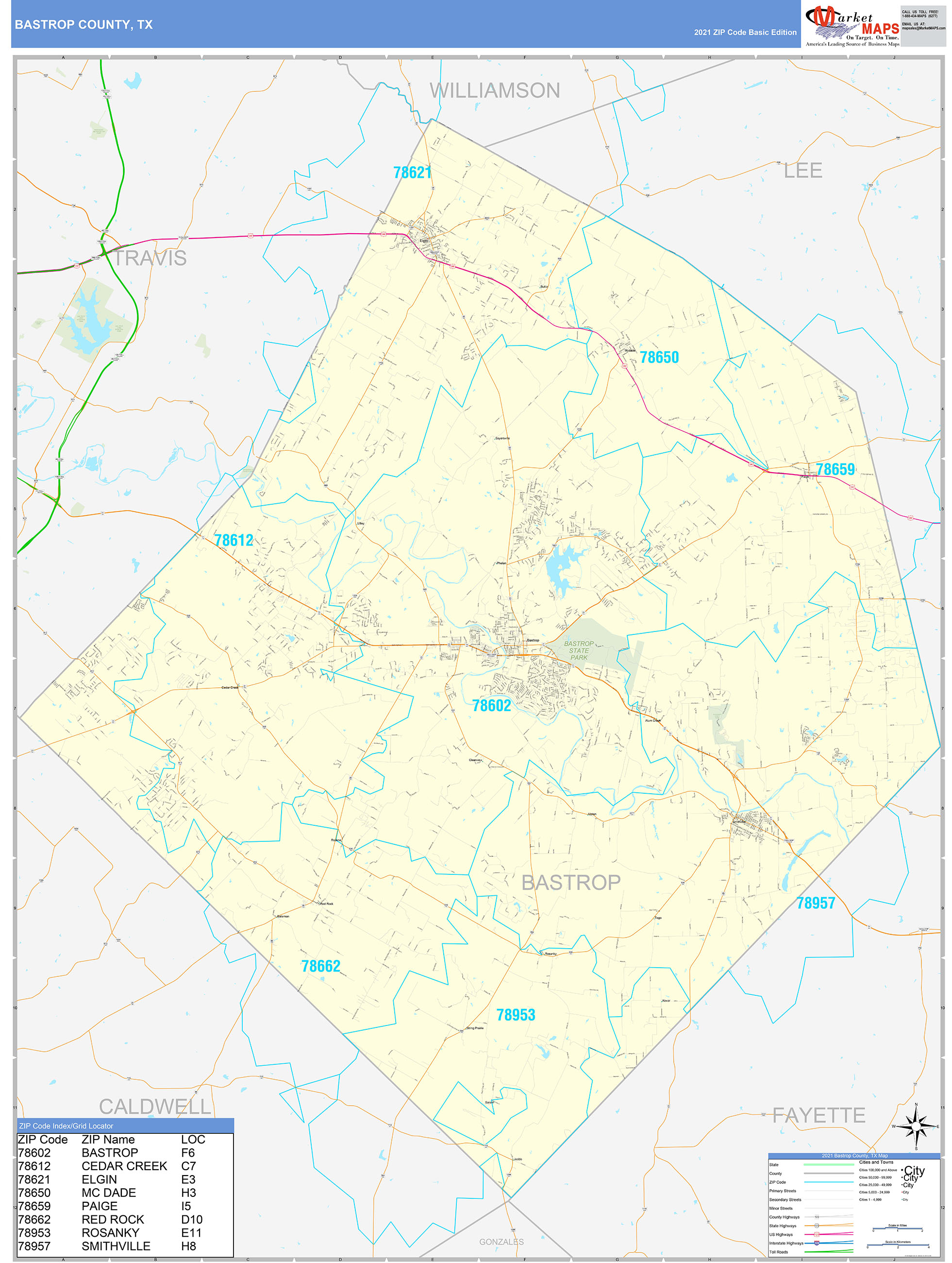 Bastrop County, TX Zip Code Wall Map Basic Style by MarketMAPS MapSales