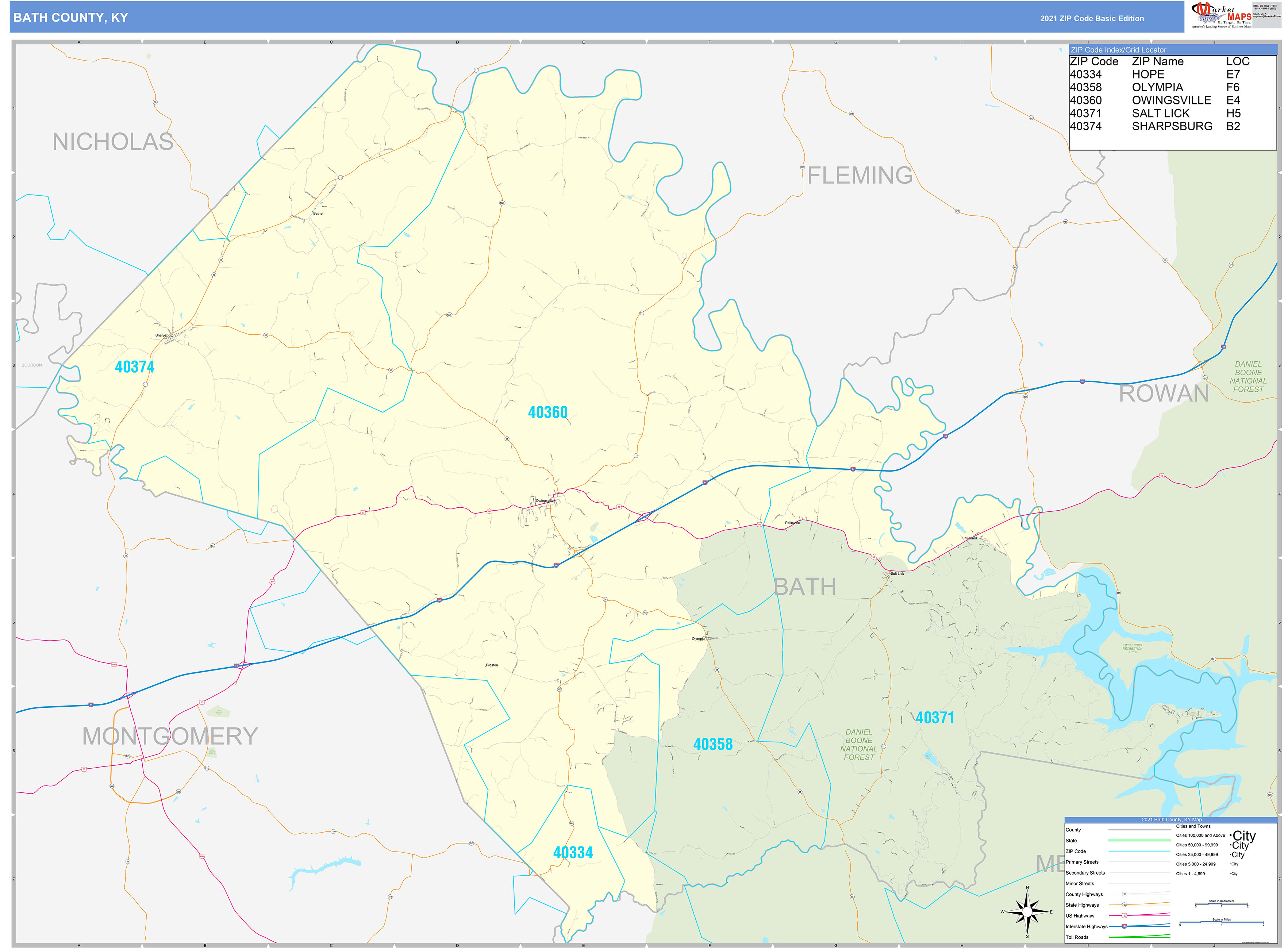 Bath County, KY Zip Code Wall Map Basic Style by MarketMAPS