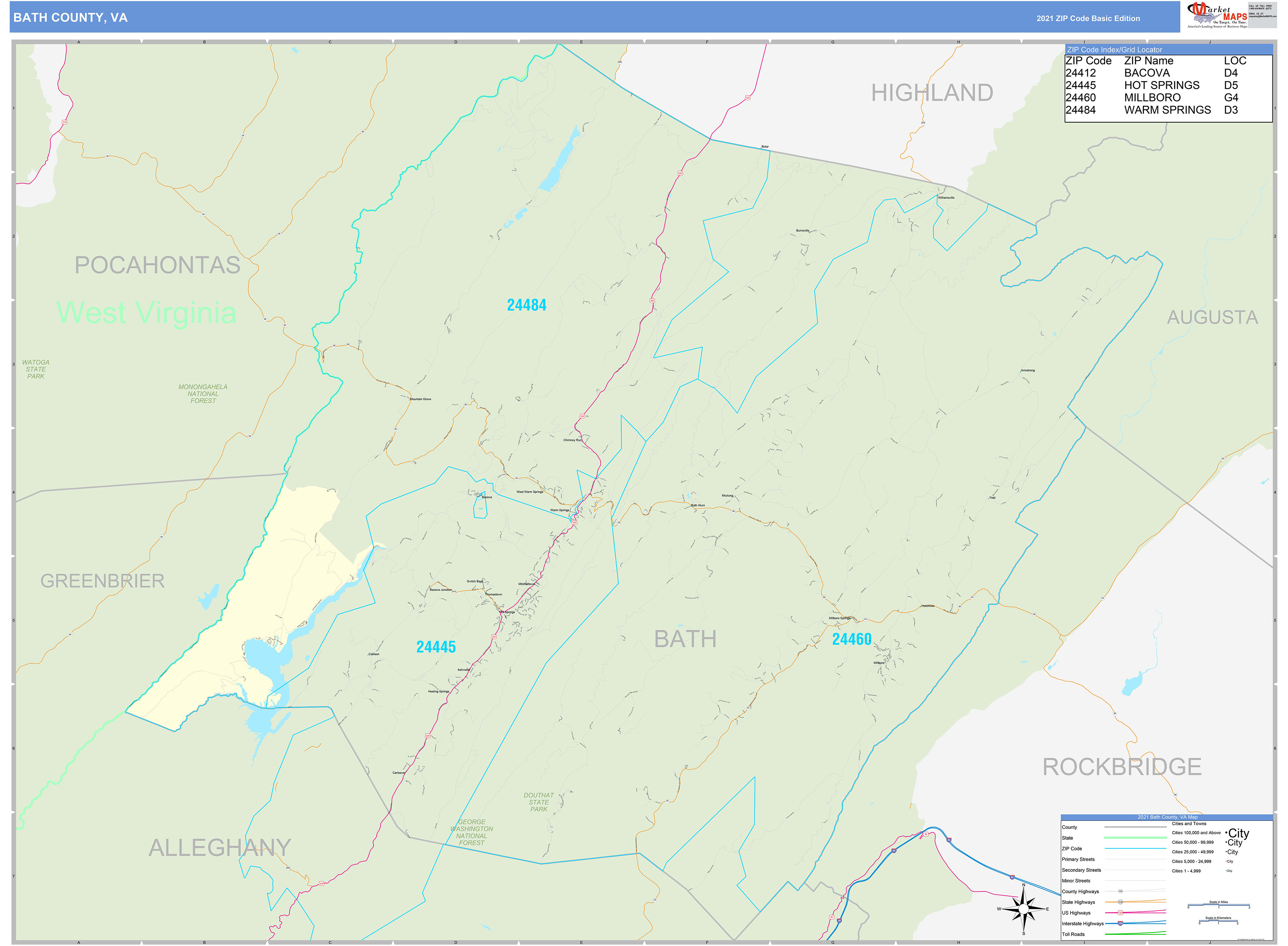 Bath County, VA Zip Code Wall Map Basic Style by MarketMAPS