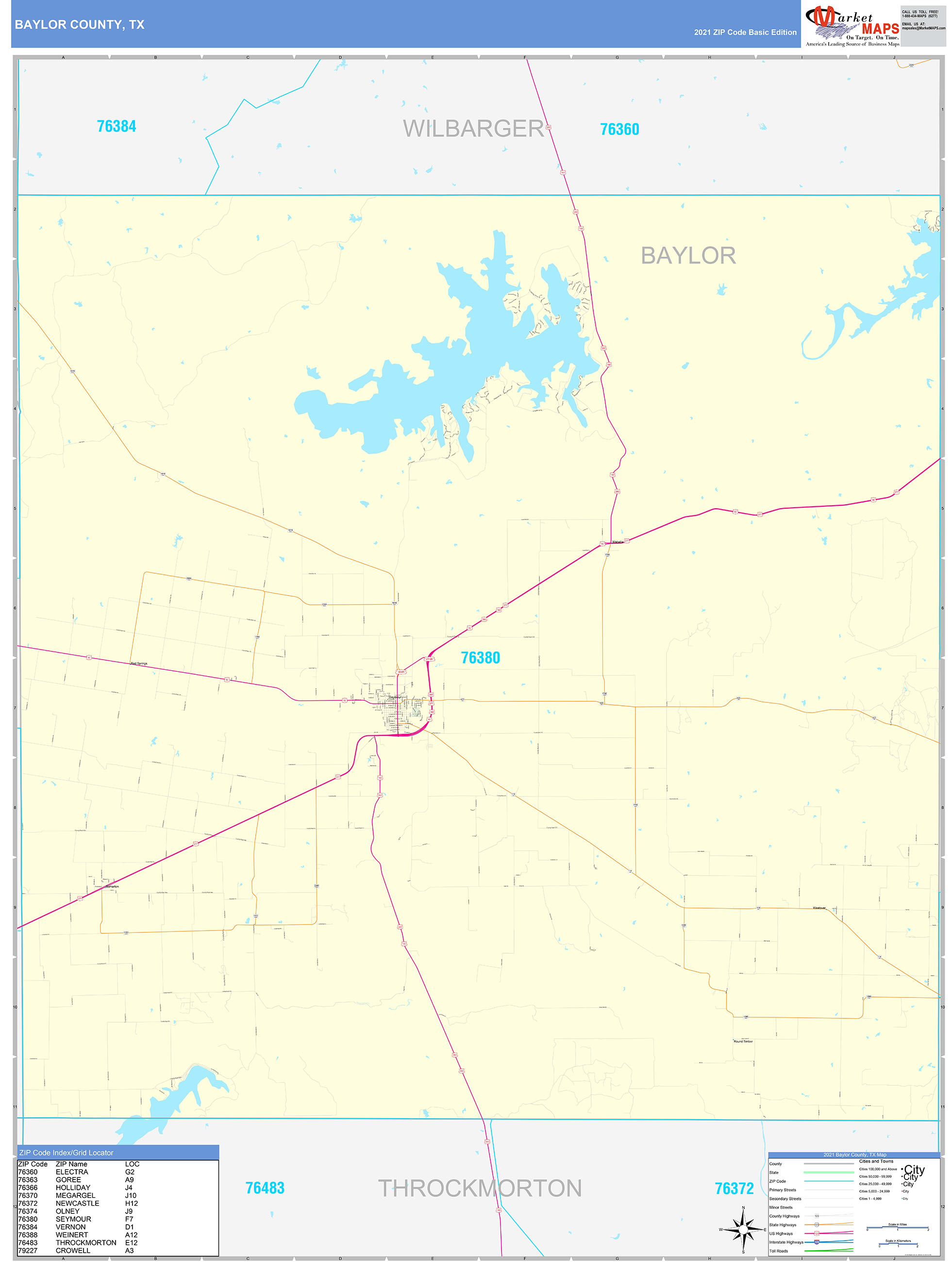 Baylor County, TX Zip Code Wall Map Basic Style by MarketMAPS
