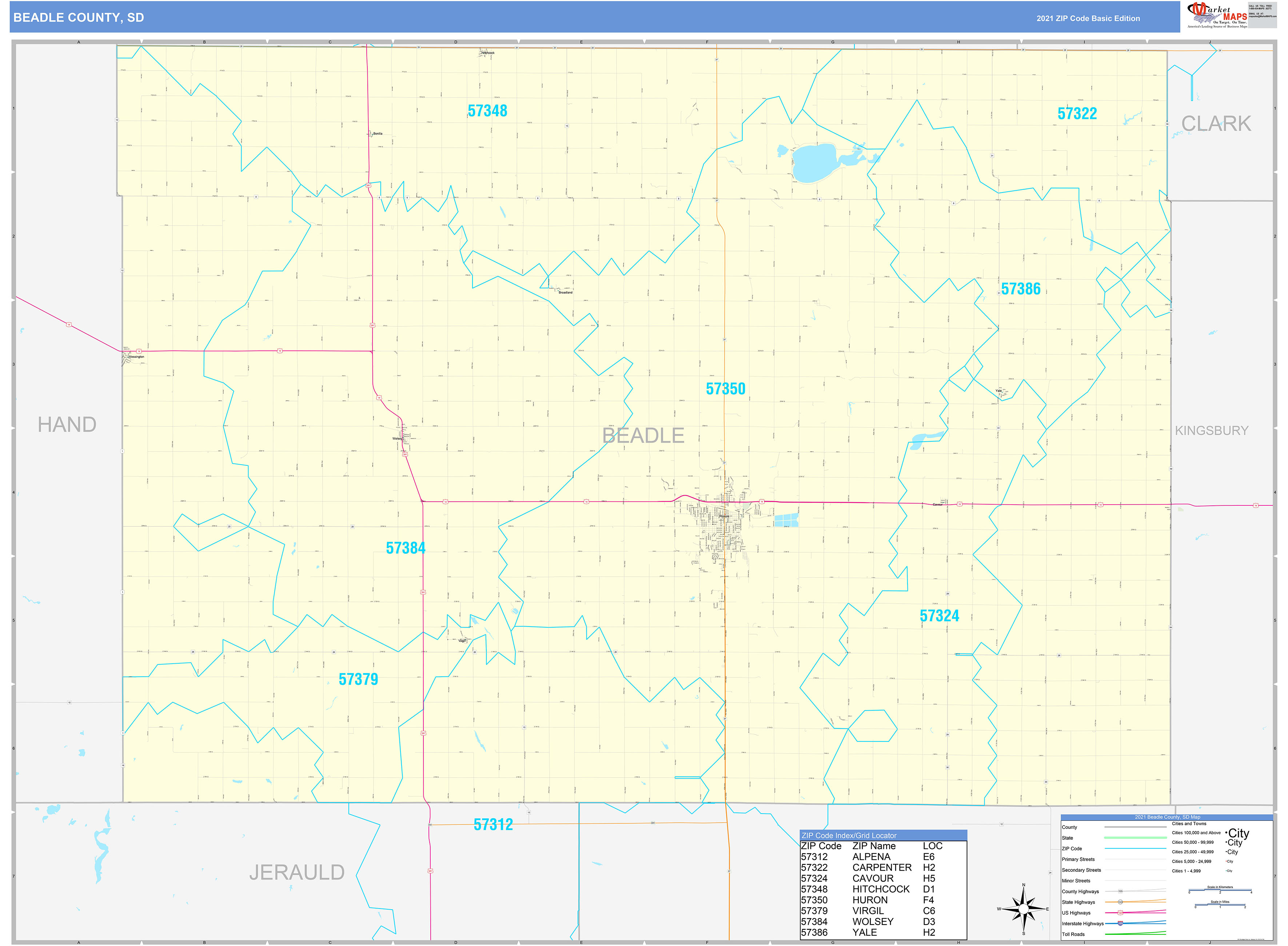 Beadle County, SD Zip Code Wall Map Basic Style by MarketMAPS MapSales