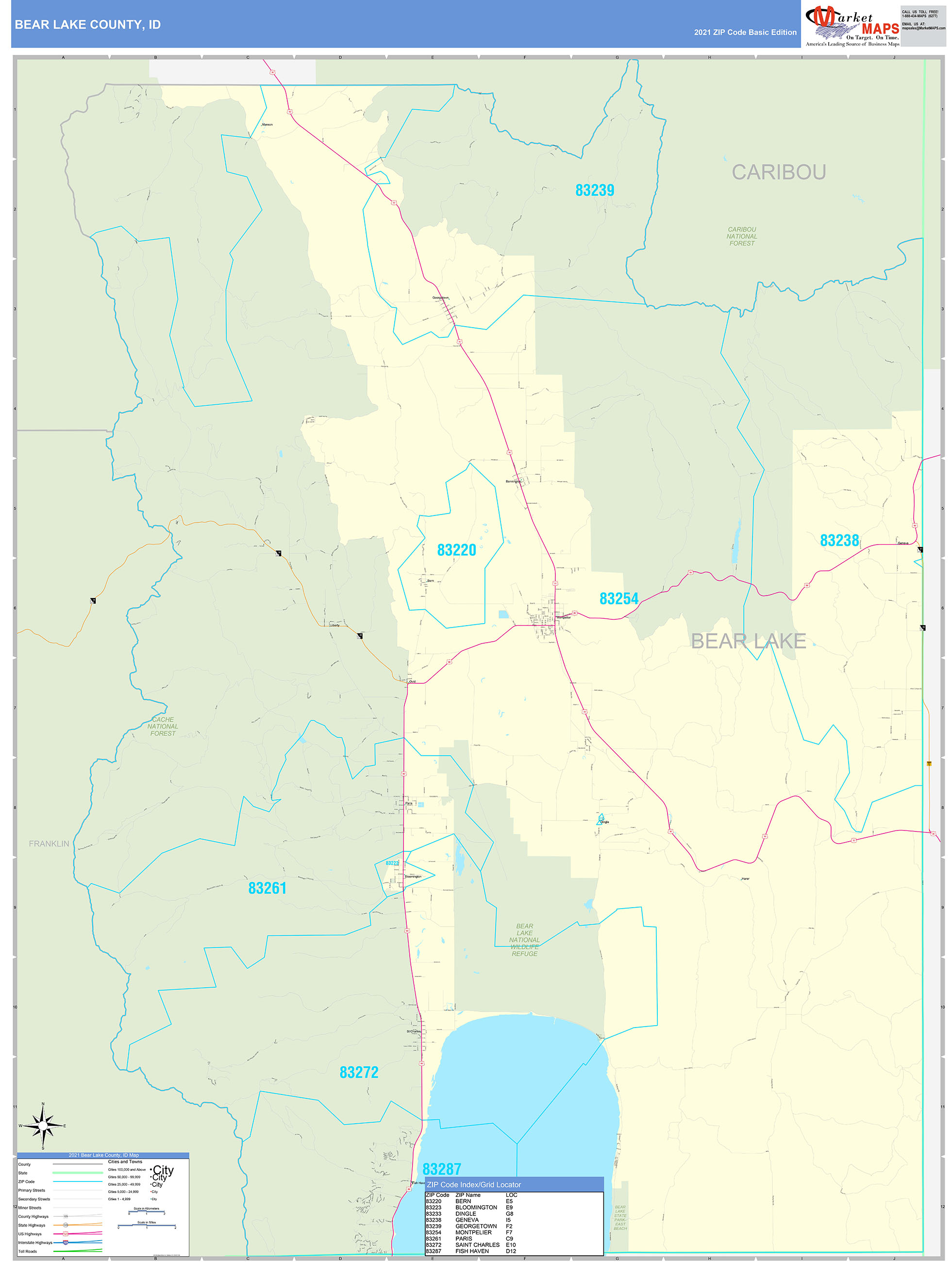 Bear Lake County, ID Zip Code Wall Map Basic Style by MarketMAPS MapSales