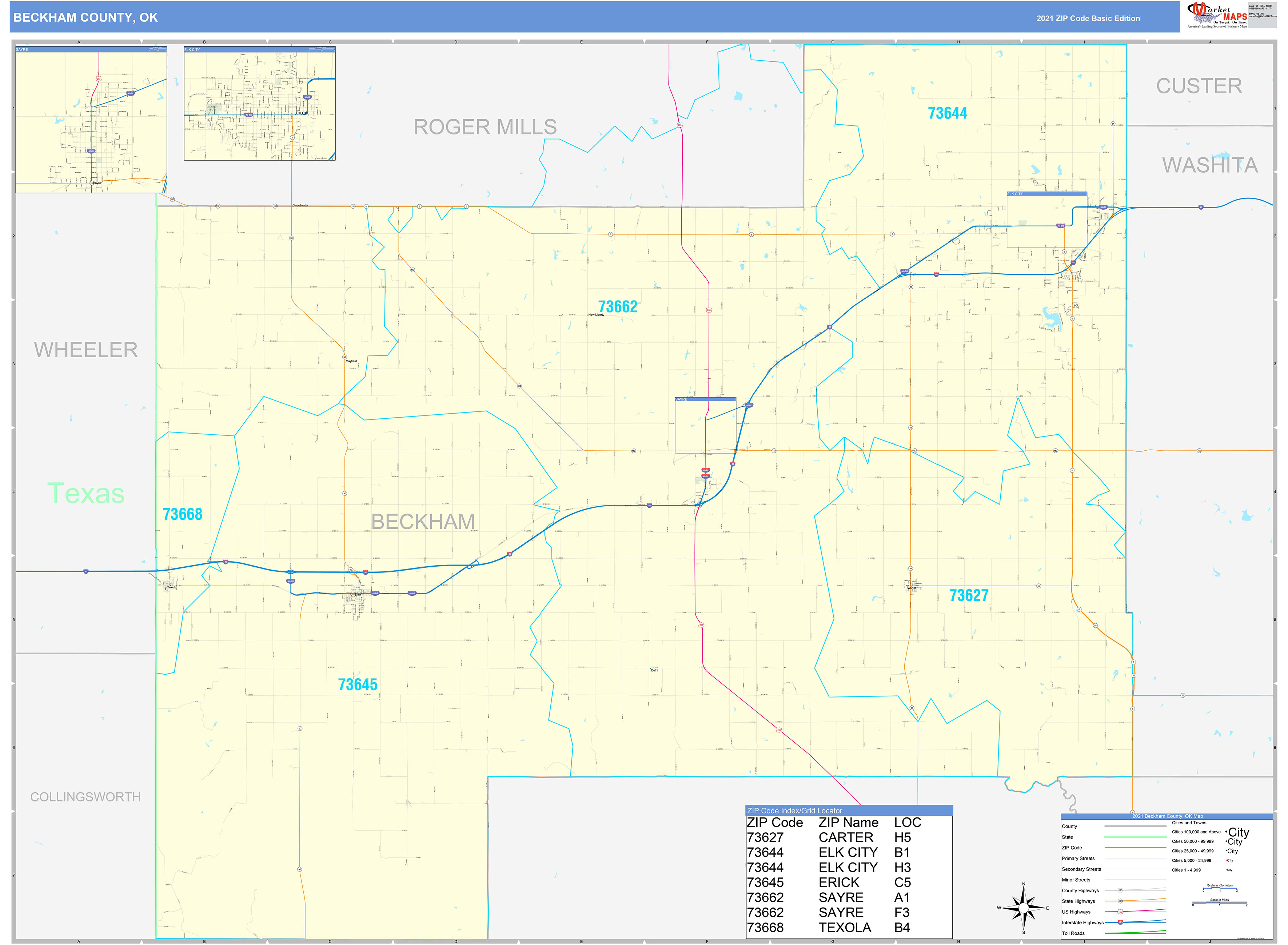Beckham County, OK Zip Code Wall Map Basic Style by MarketMAPS