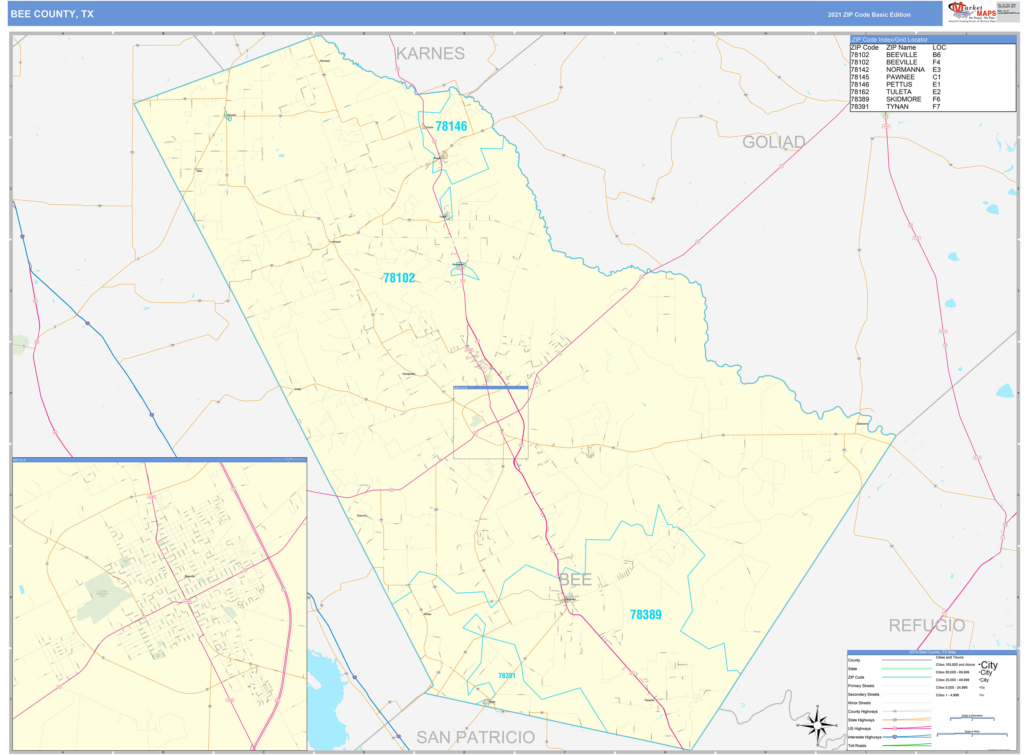 Bee County, TX Zip Code Wall Map Basic Style by MarketMAPS MapSales