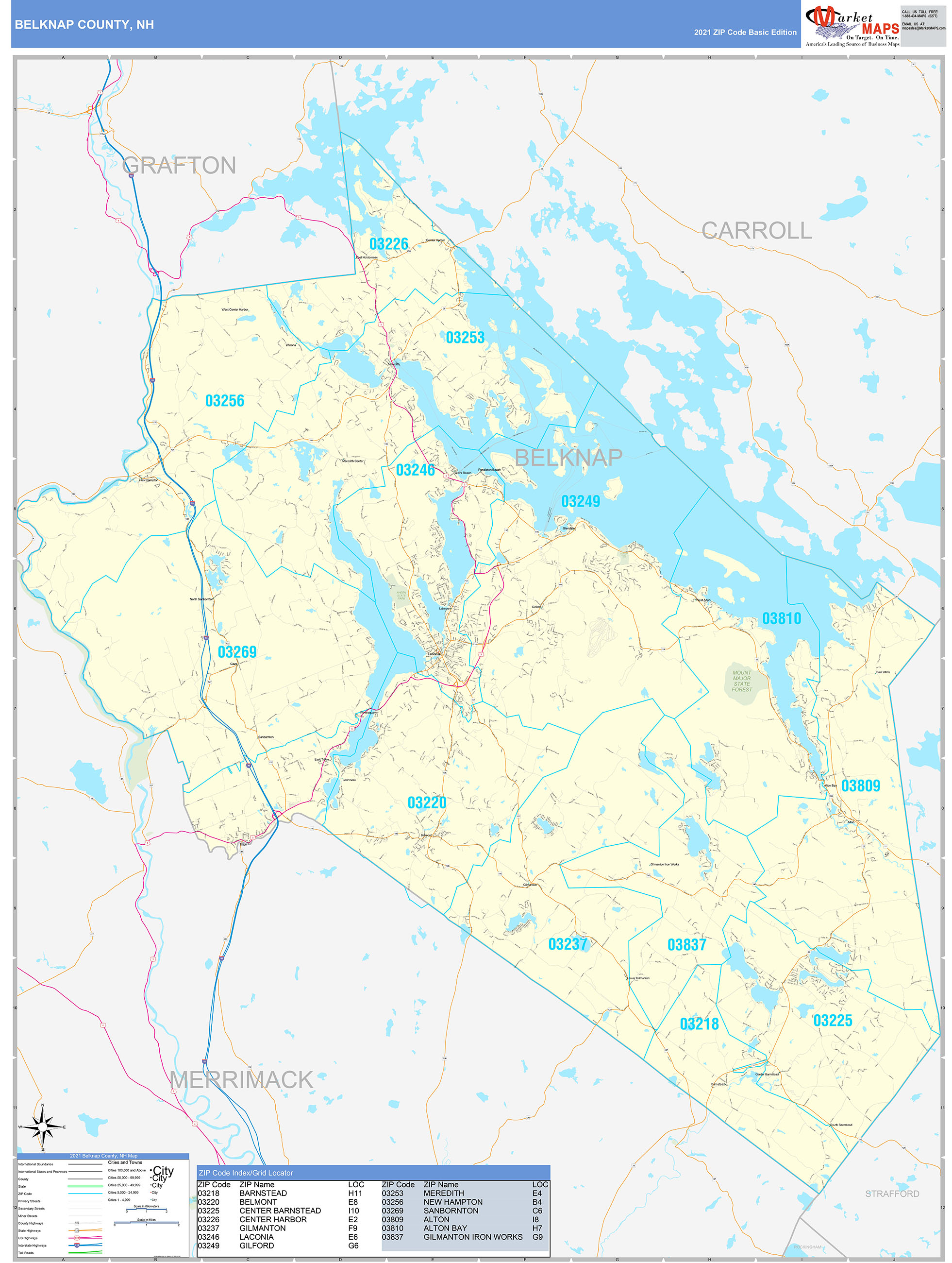 Belknap County, NH Zip Code Wall Map Basic Style by MarketMAPS