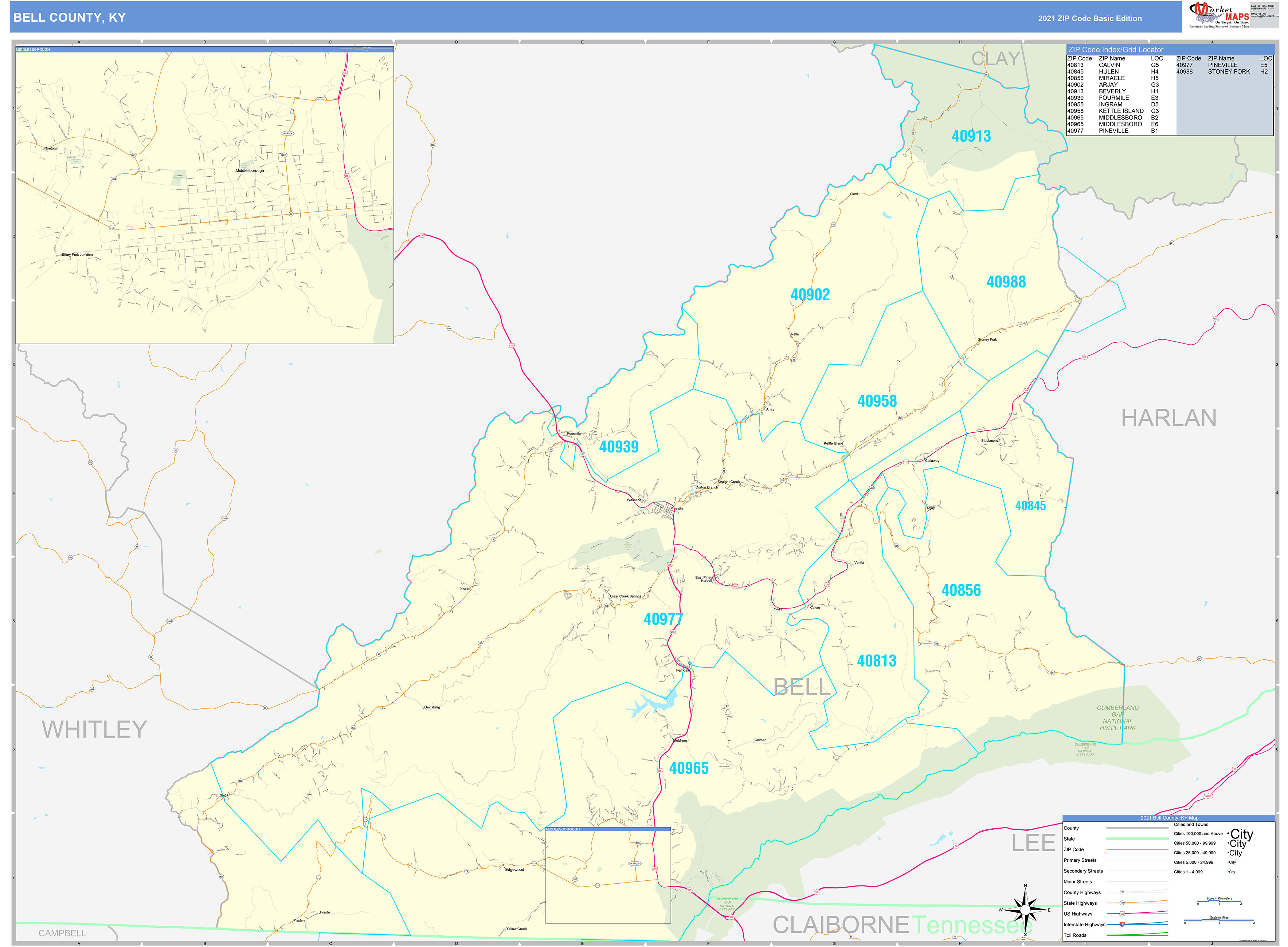 Bell County, KY Zip Code Wall Map Basic Style by MarketMAPS