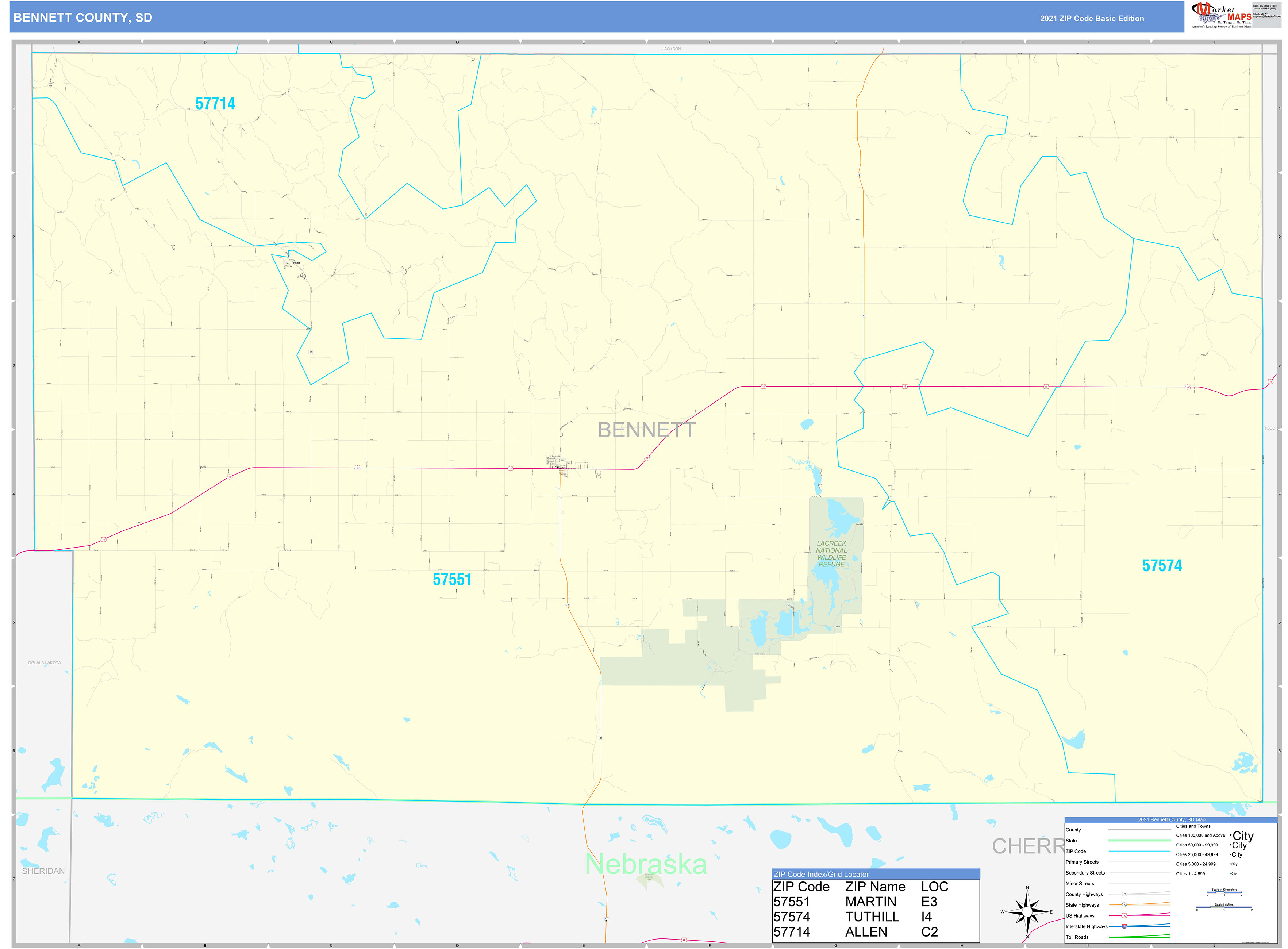 County, SD Zip Code Wall Map Basic Style by MarketMAPS