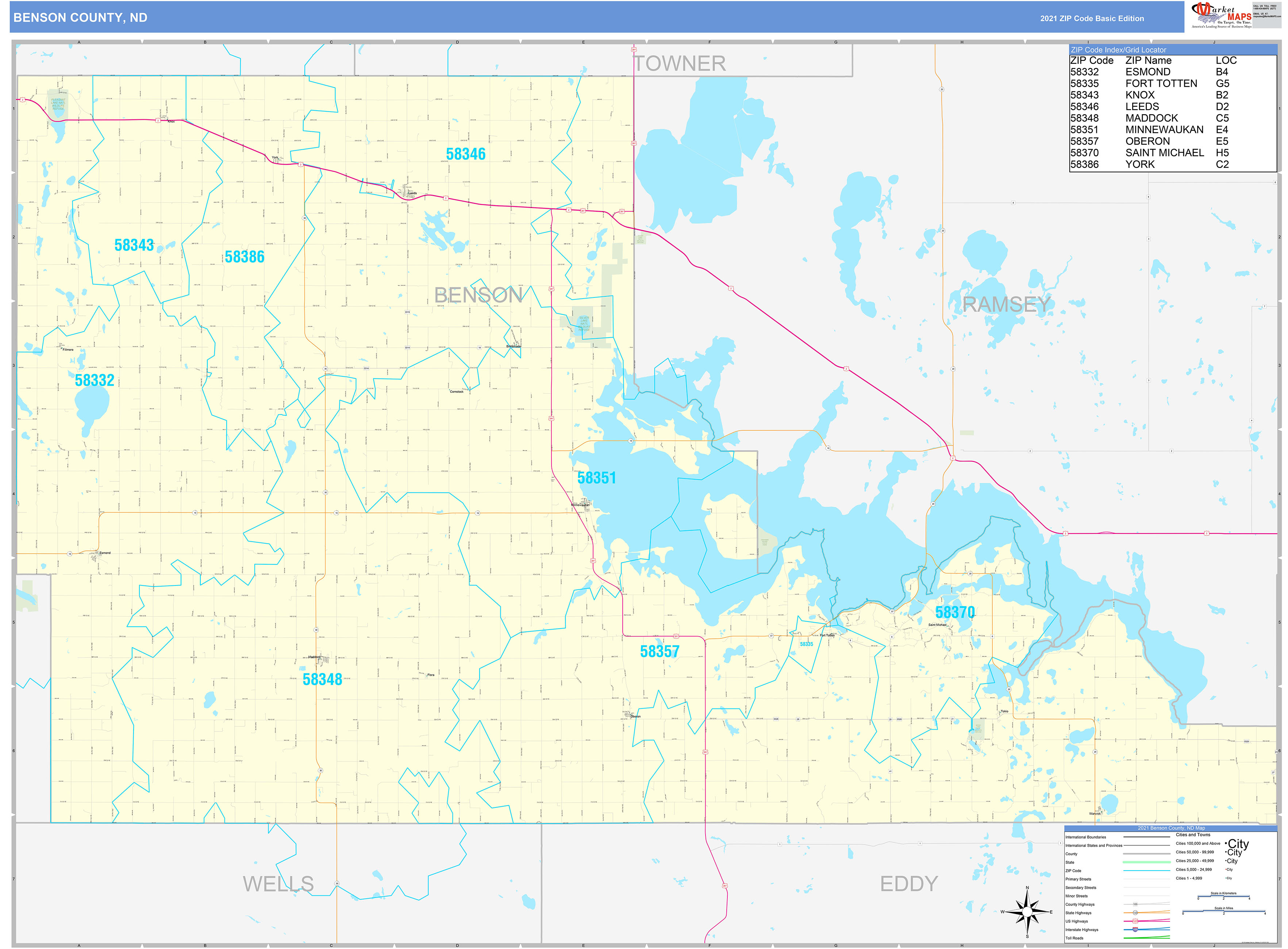 Benson County, ND Zip Code Wall Map Basic Style by MarketMAPS