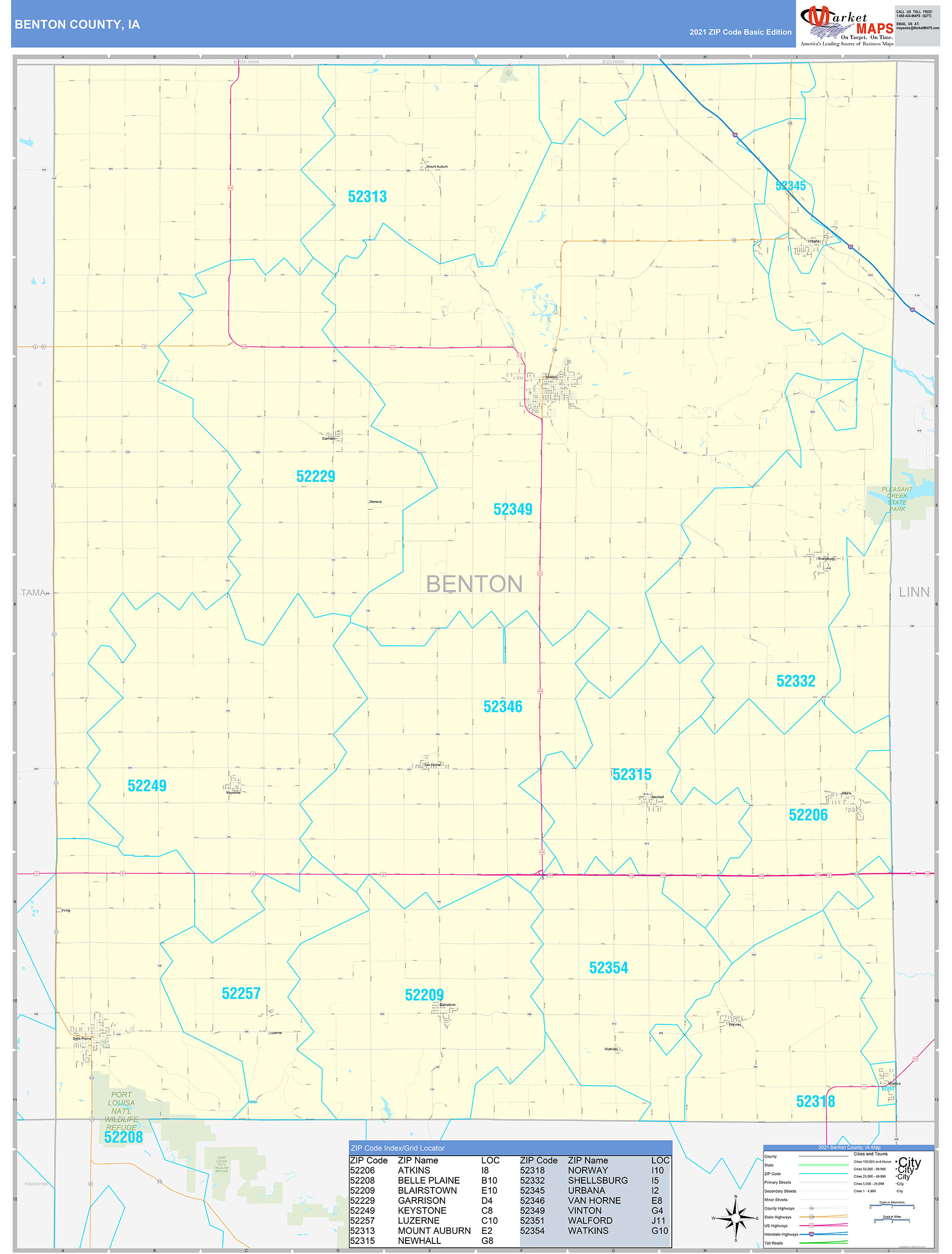 Benton County, IA Zip Code Wall Map Basic Style by MarketMAPS