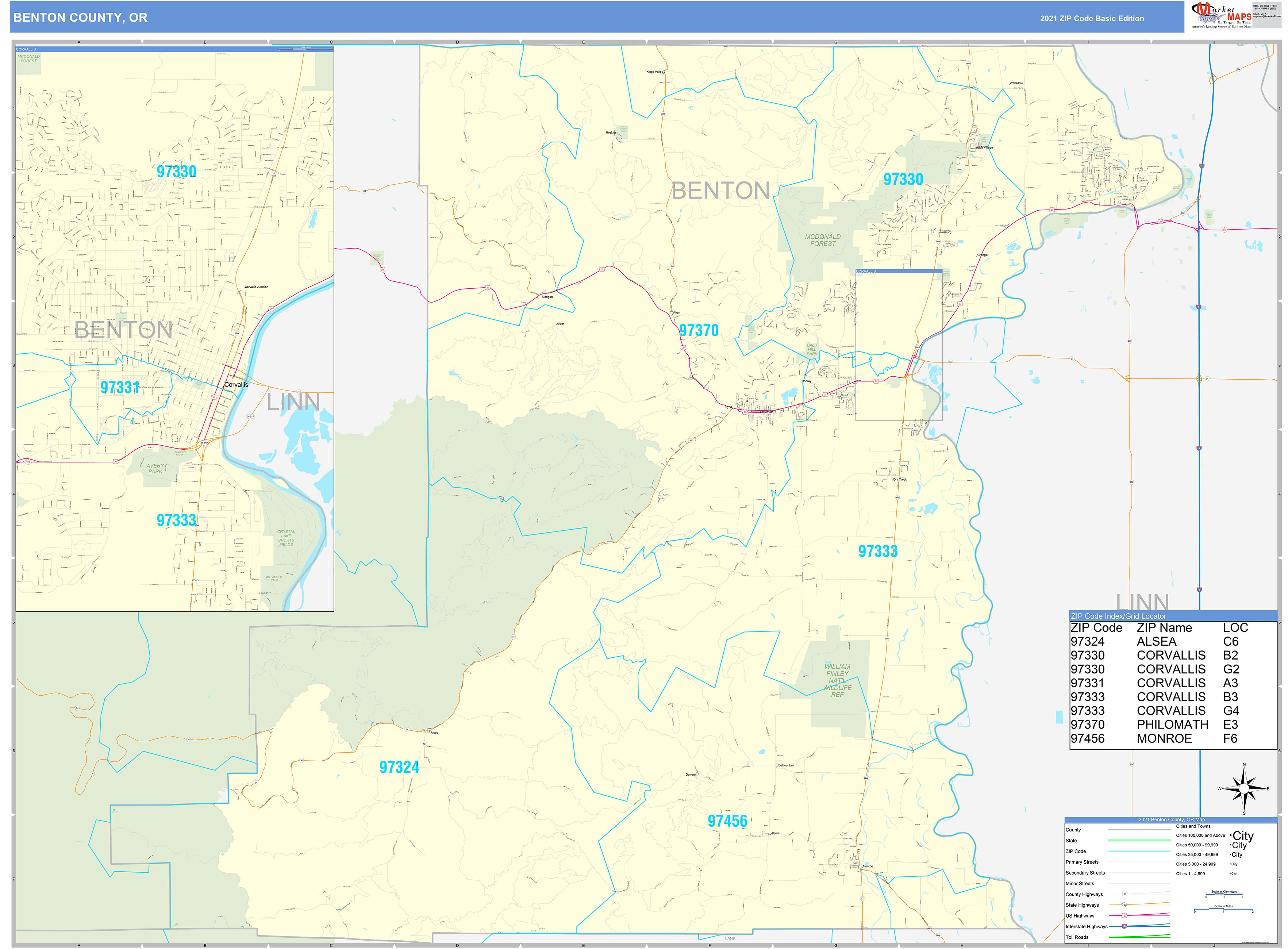 Benton County, OR Zip Code Wall Map Basic Style by MarketMAPS