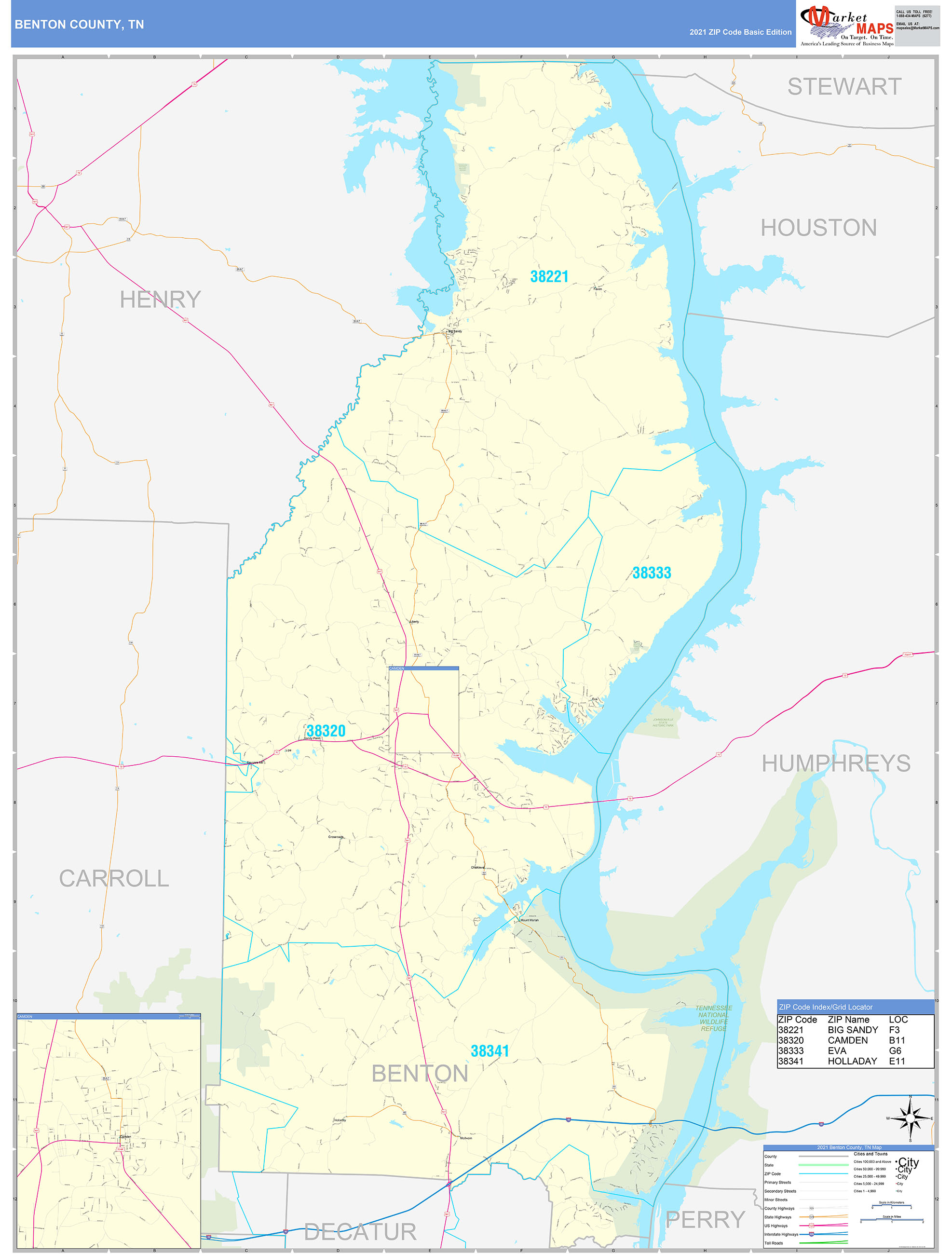 Benton County, TN Zip Code Wall Map Basic Style by MarketMAPS MapSales