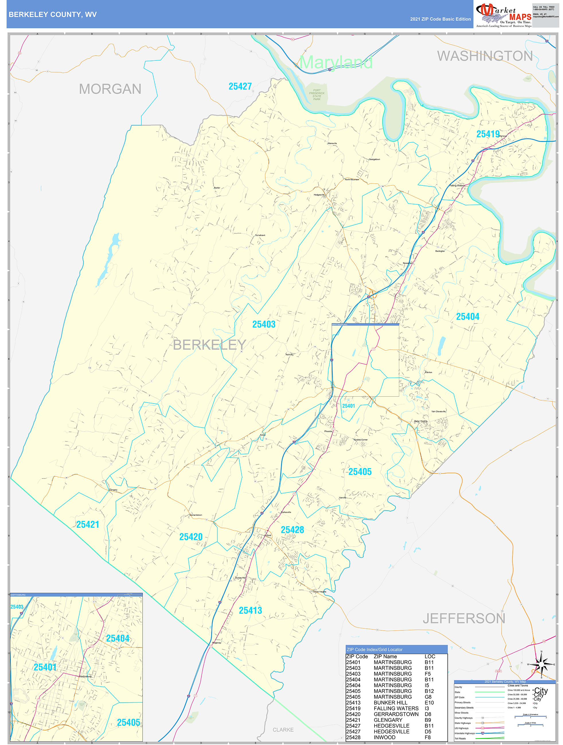 Berkeley County, WV Zip Code Wall Map Basic Style by MarketMAPS MapSales