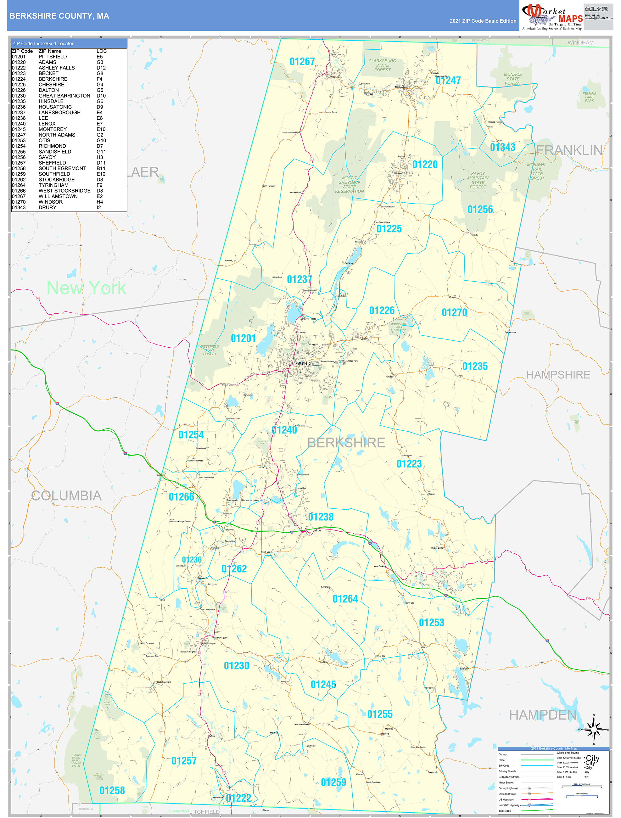 Berkshire County, MA Zip Code Wall Map Basic Style by MarketMAPS MapSales