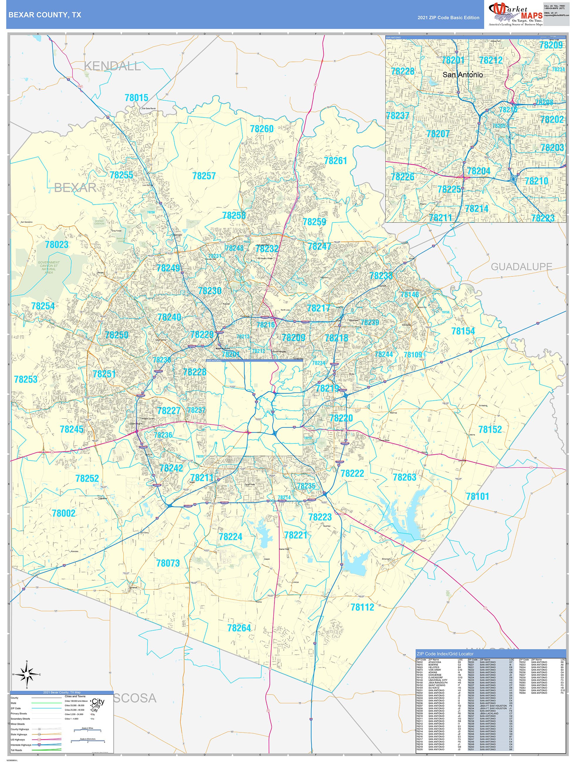 Bexar County Tx Zip Code Wall Map Red Line Style By Marketmaps Mapsales