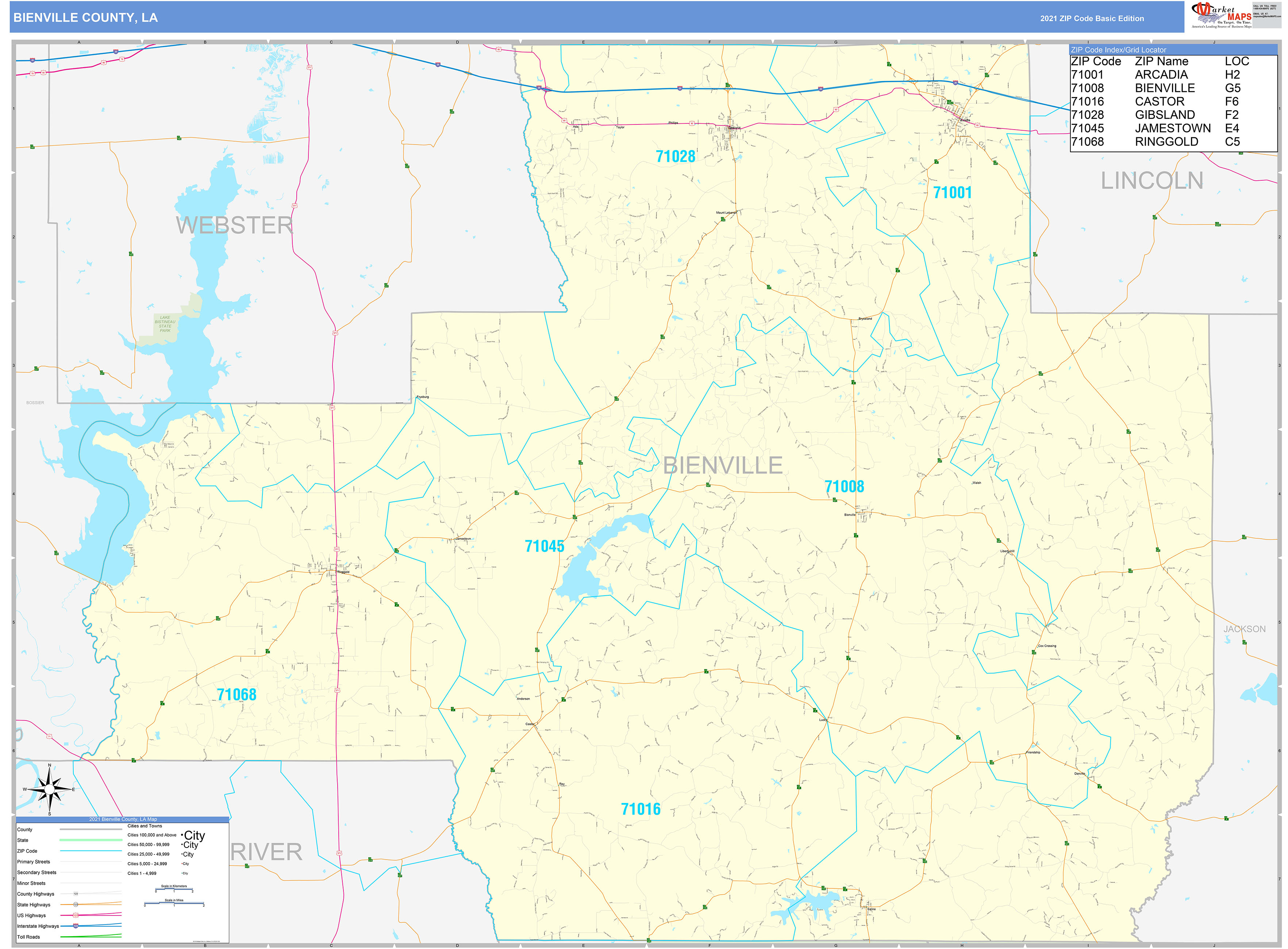 Bienville County, LA Zip Code Wall Map Basic Style by MarketMAPS MapSales