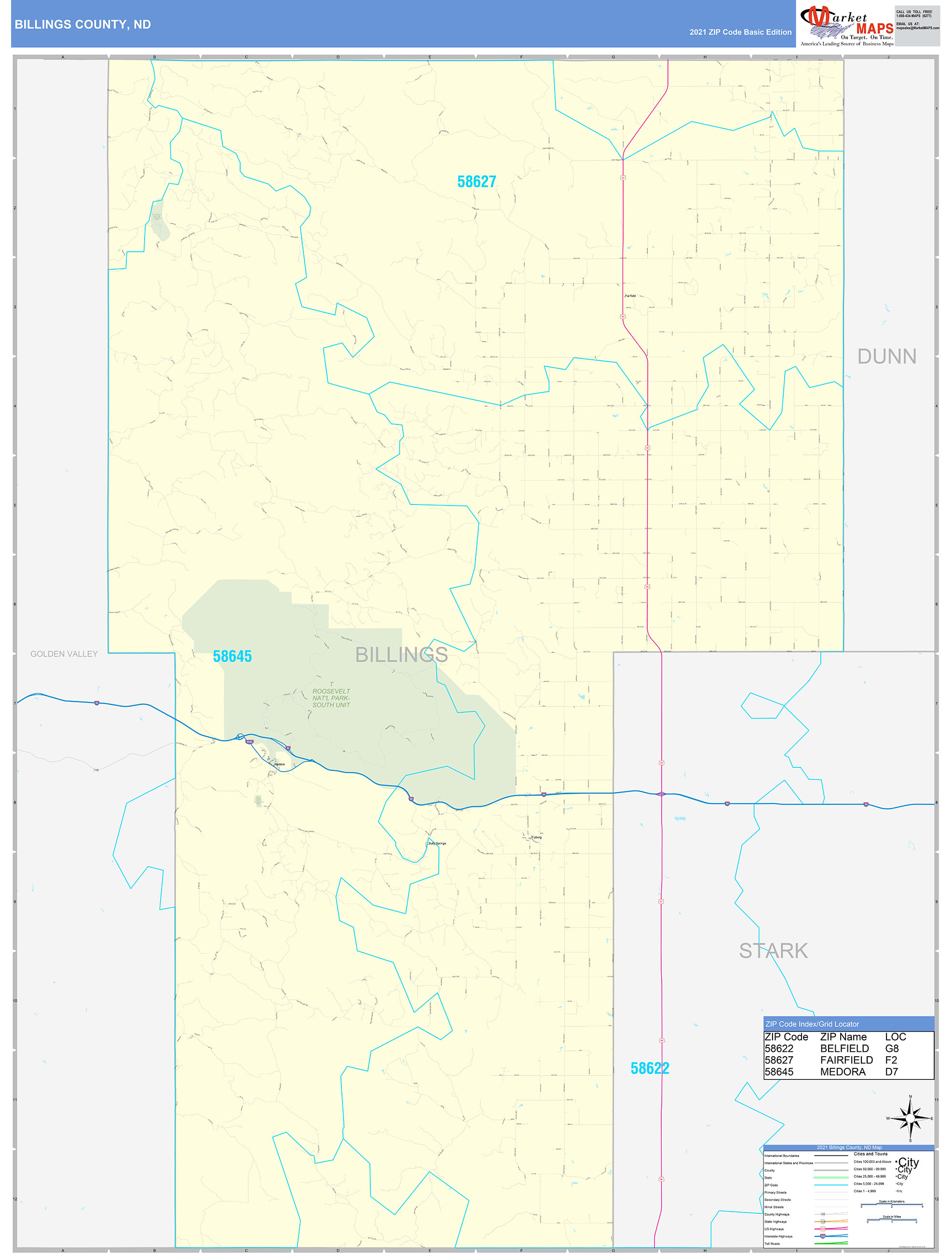 Billings County, ND Zip Code Wall Map Basic Style by MarketMAPS