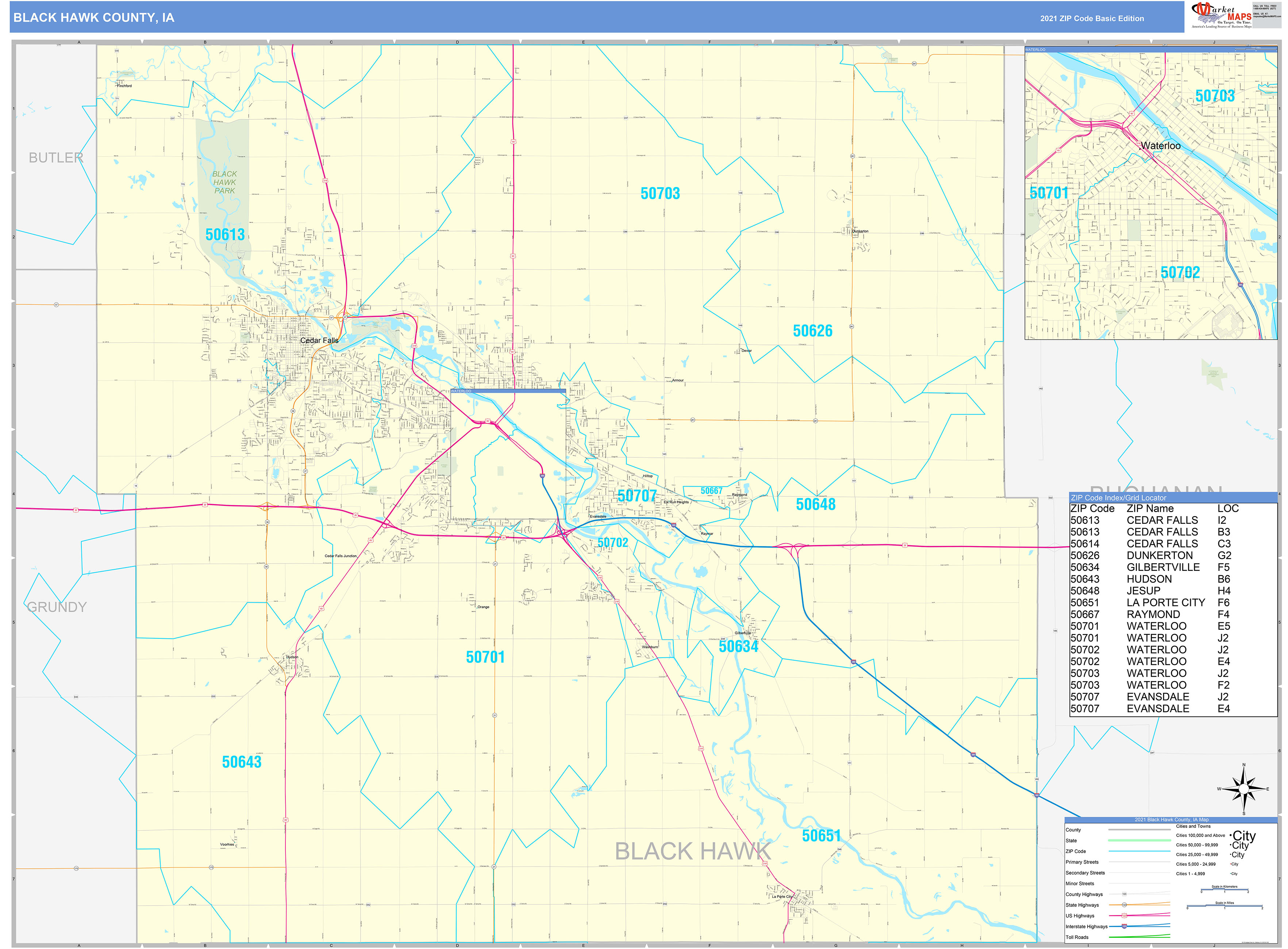 Black Hawk County, IA Zip Code Wall Map Basic Style by MarketMAPS