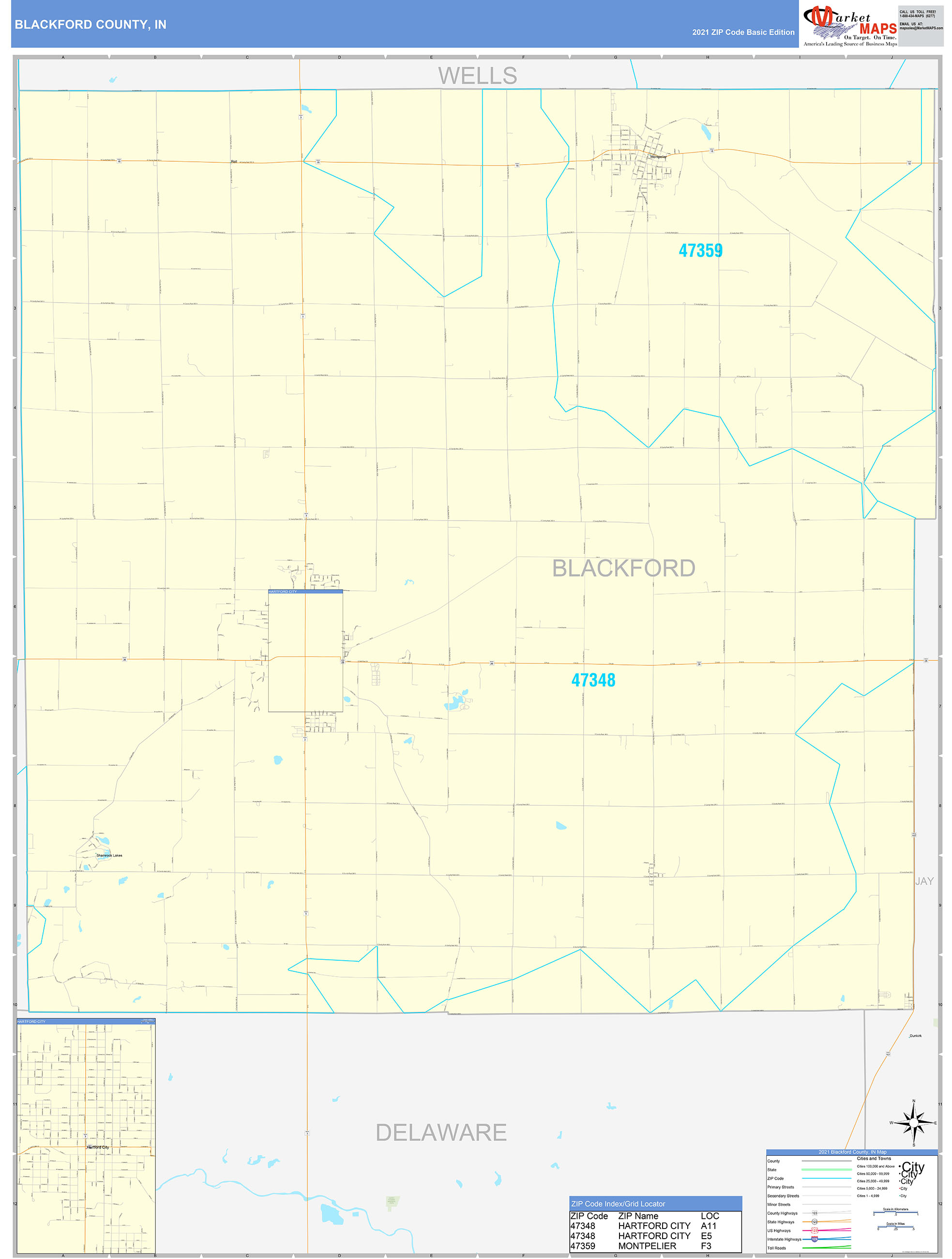 Blackford County, IN Zip Code Wall Map Basic Style by MarketMAPS