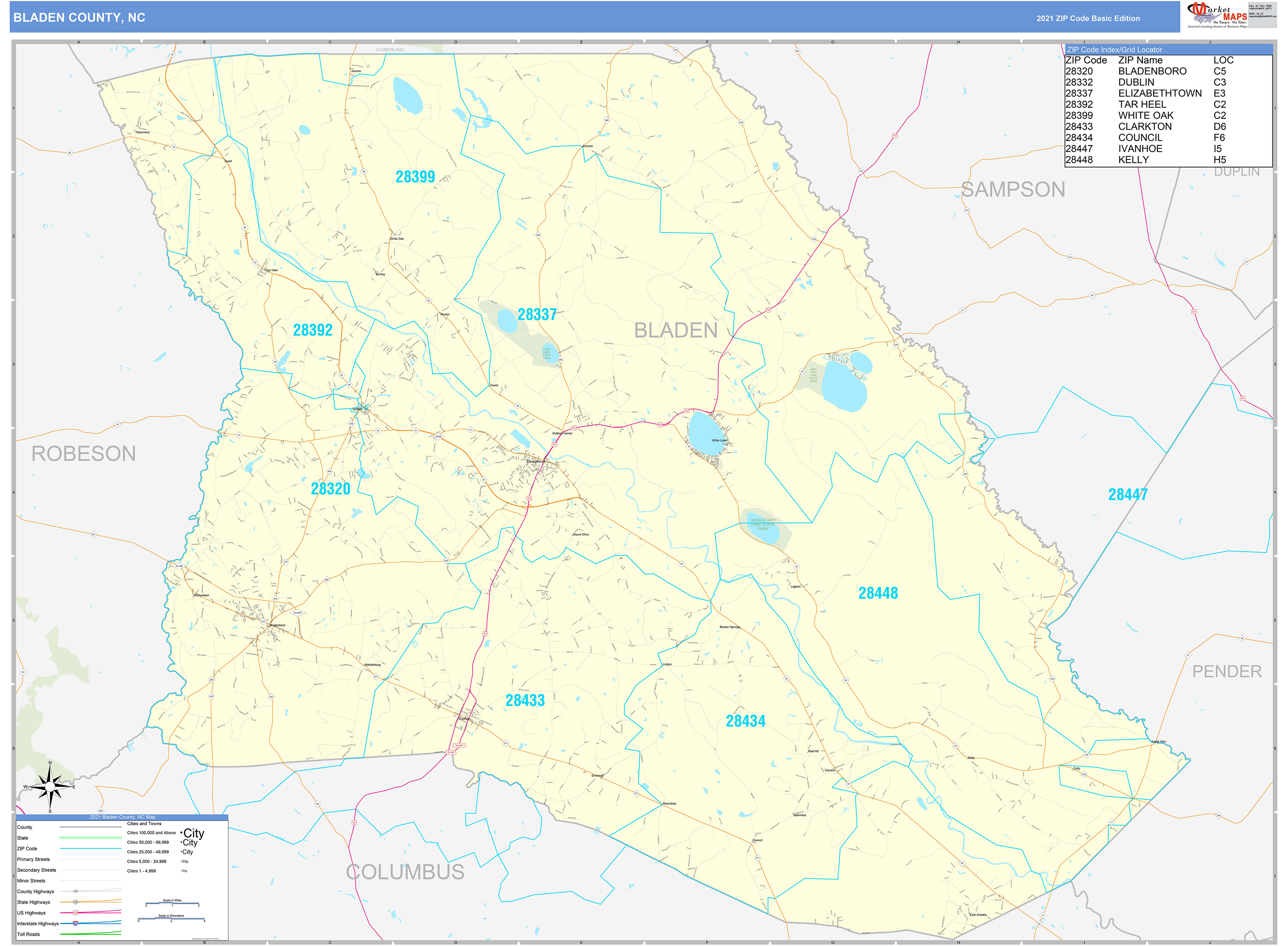 Bladen County, NC Zip Code Wall Map Basic Style by MarketMAPS