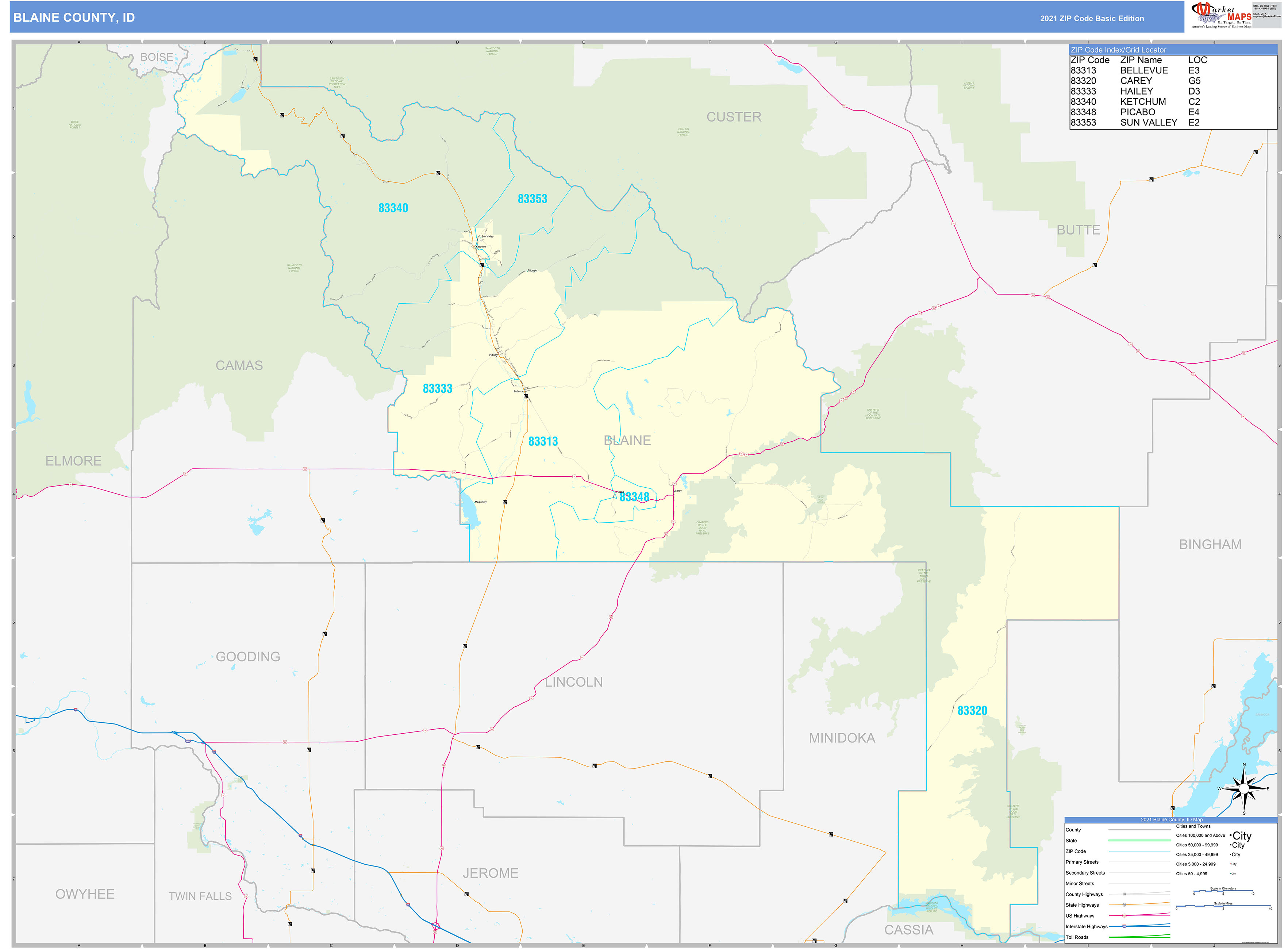 Blaine County, ID Zip Code Wall Map Basic Style by MarketMAPS