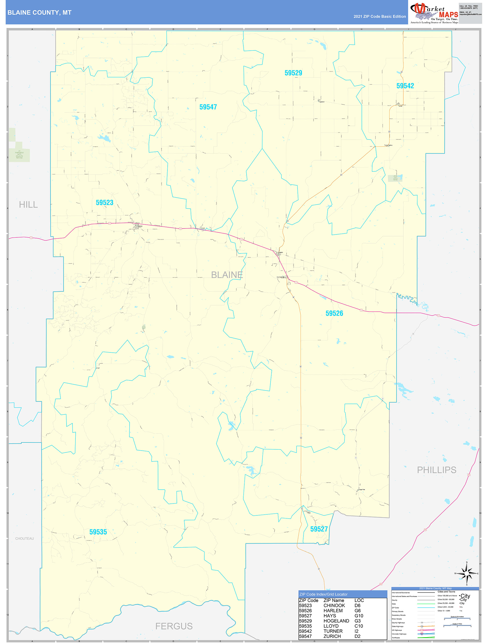 Blaine County, MT Zip Code Wall Map Basic Style by MarketMAPS