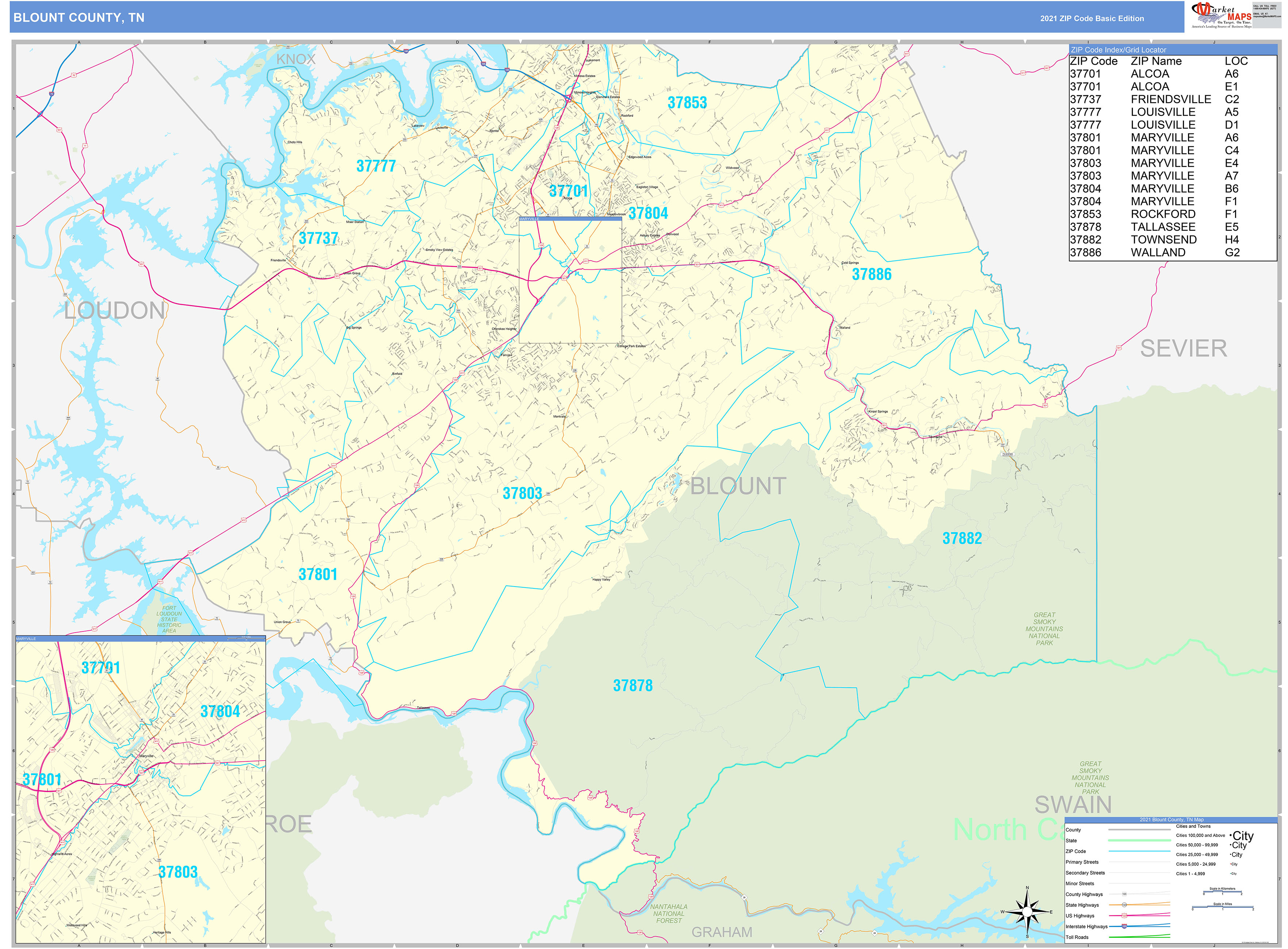 Blount County Tn Zip Code Wall Map Basic Style By Marketmaps Mapsales