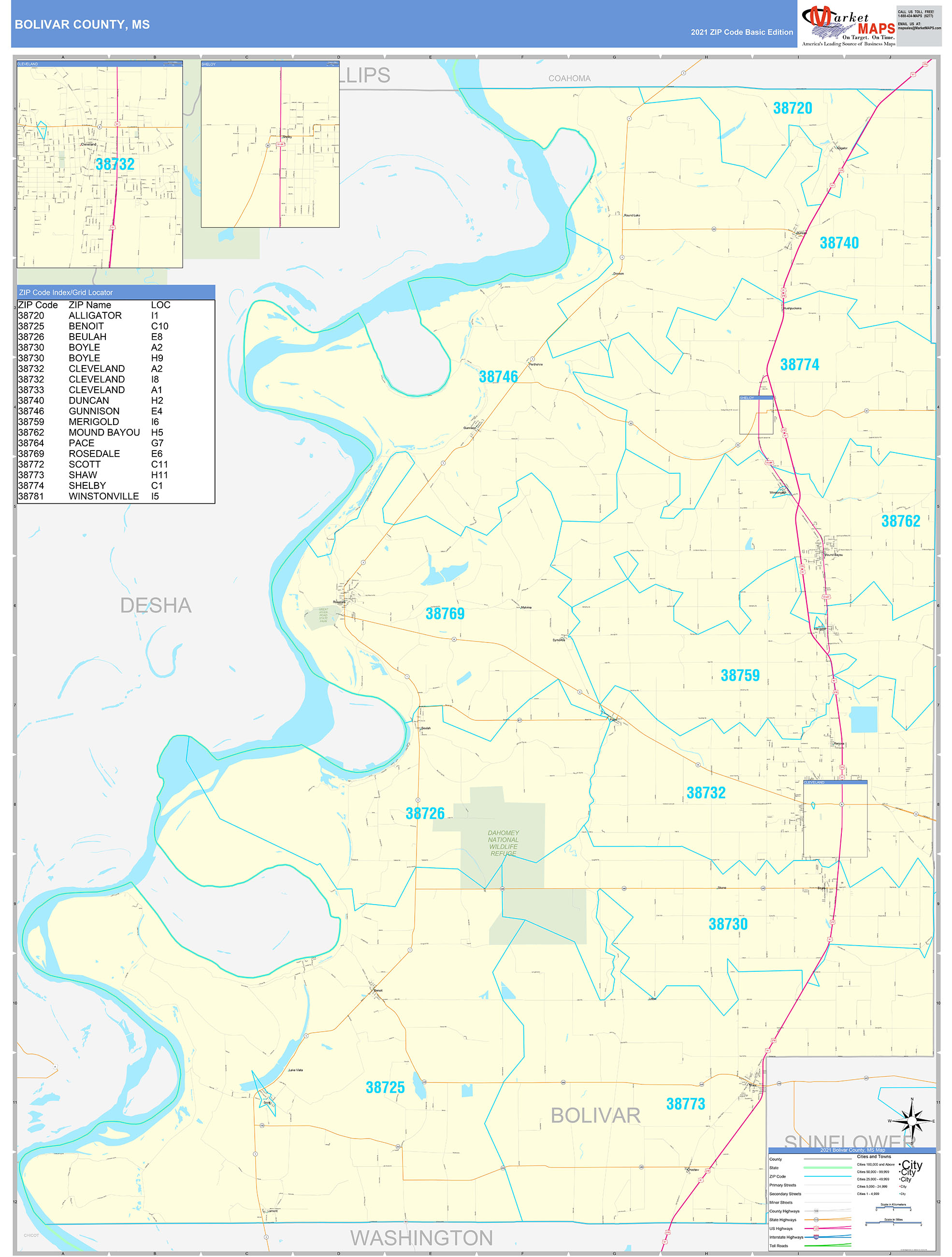 Bolivar County, MS Zip Code Wall Map Basic Style by MarketMAPS
