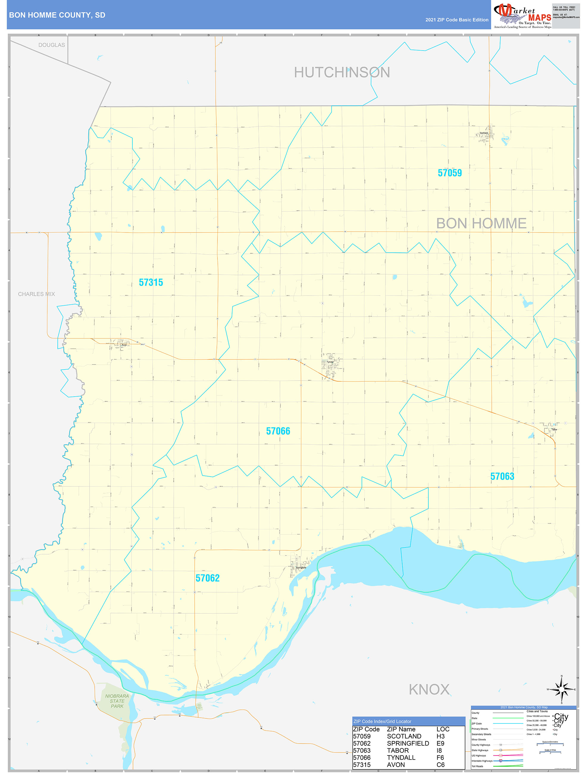 Bon Homme County, SD Zip Code Wall Map Basic Style by MarketMAPS MapSales