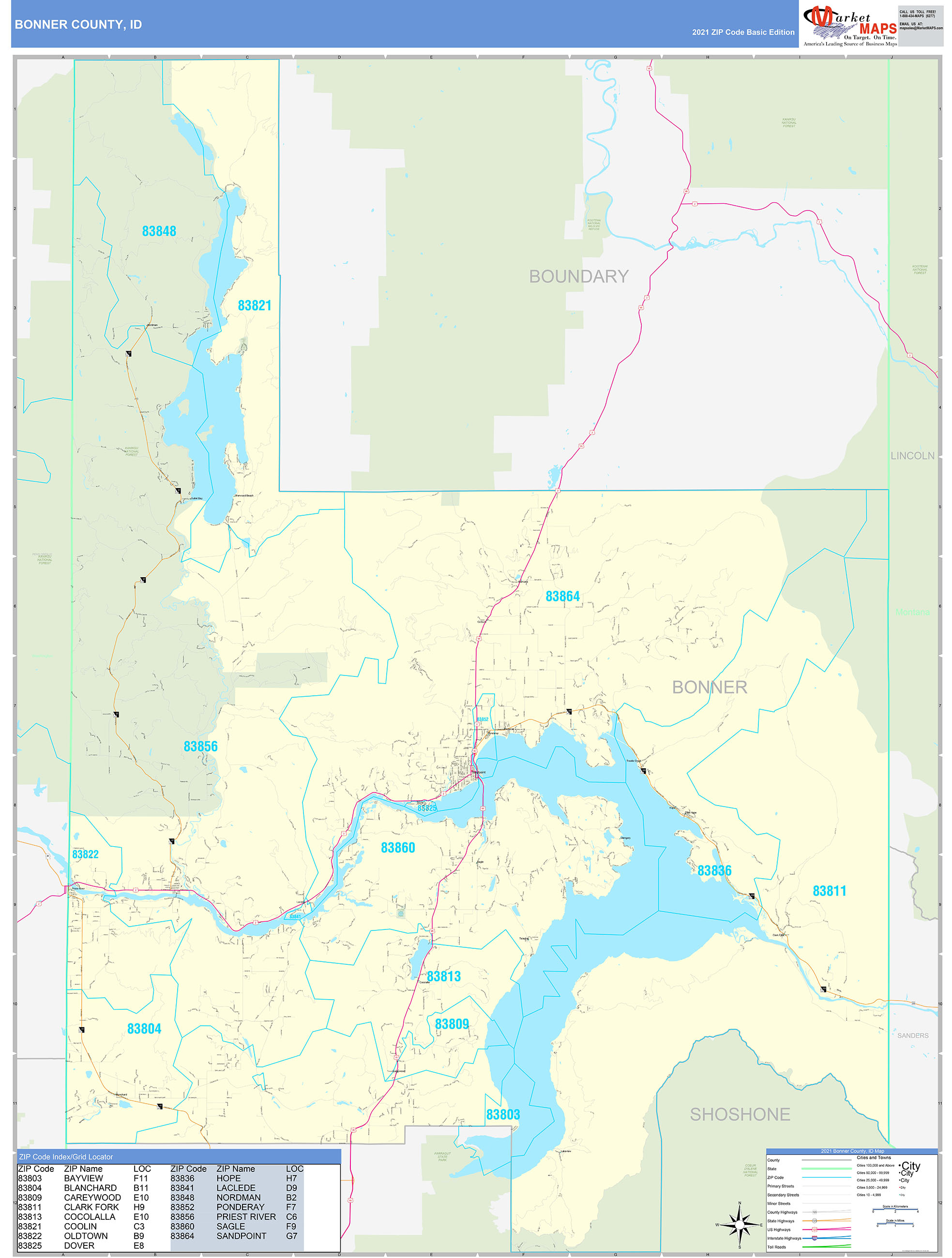 Bonner County, ID Zip Code Wall Map Basic Style by MarketMAPS MapSales