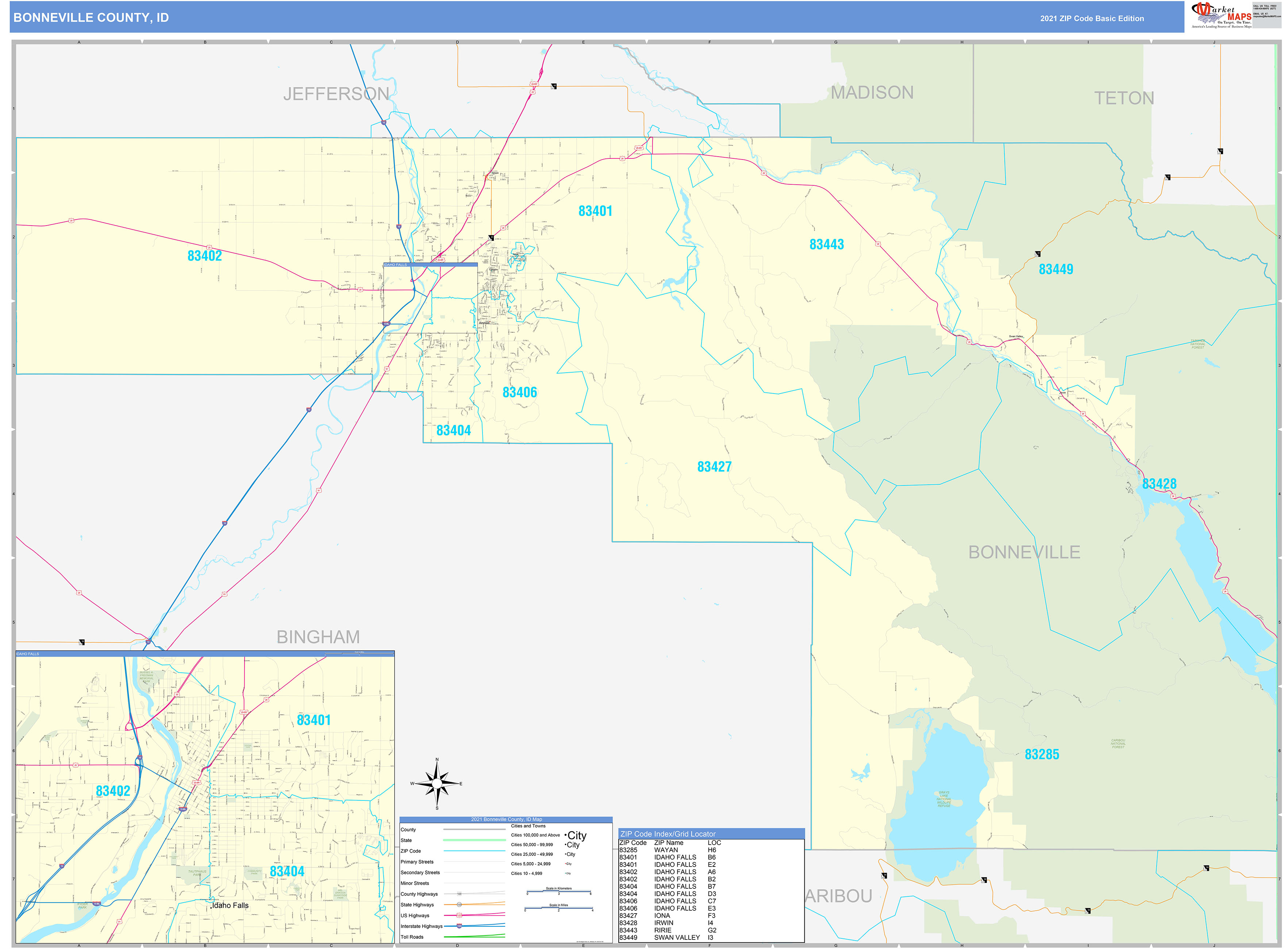 Bonneville County, ID Zip Code Wall Map Basic Style by MarketMAPS