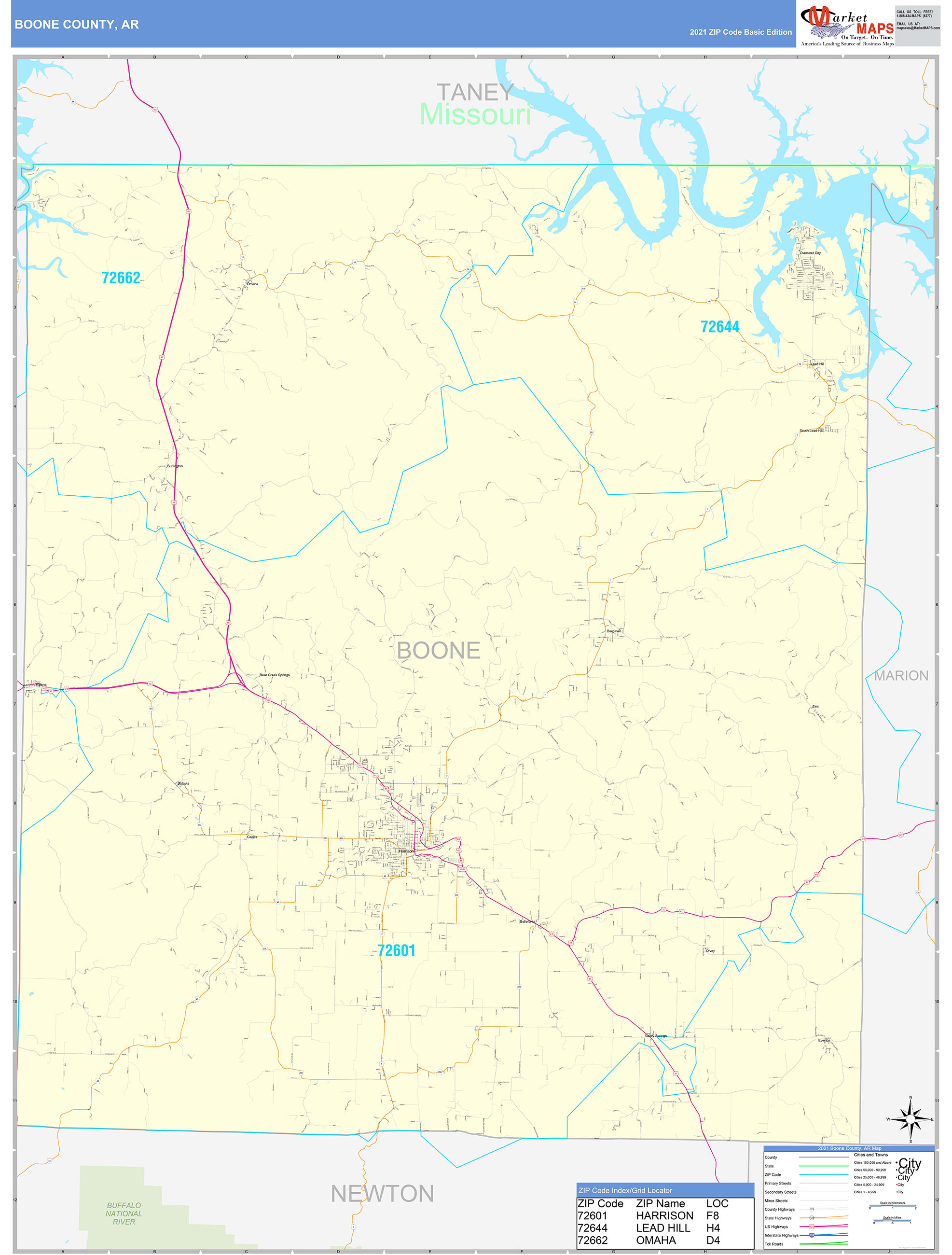 Boone County, AR Zip Code Wall Map Basic Style by MarketMAPS