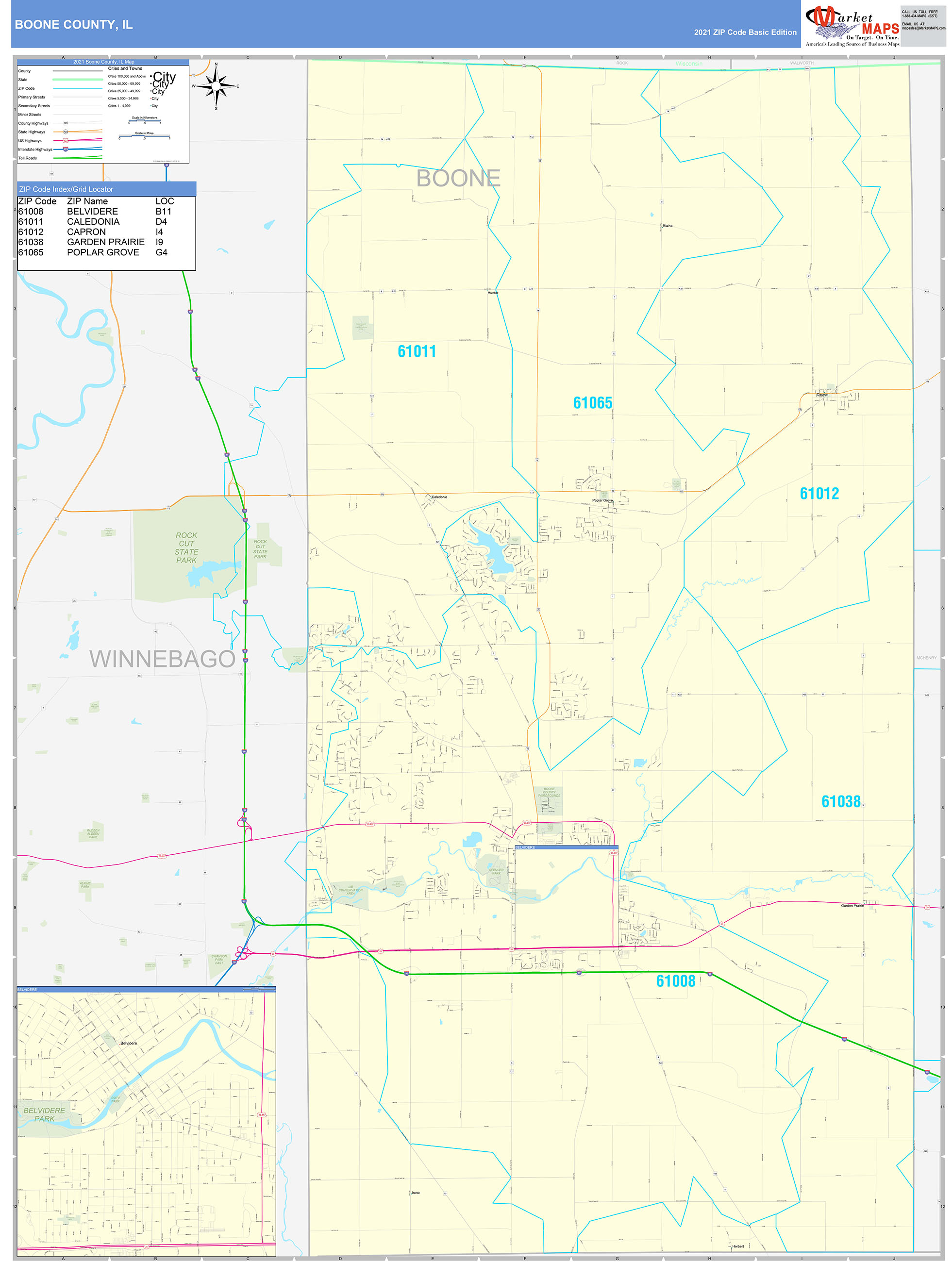Boone County, IL Zip Code Wall Map Basic Style by MarketMAPS MapSales