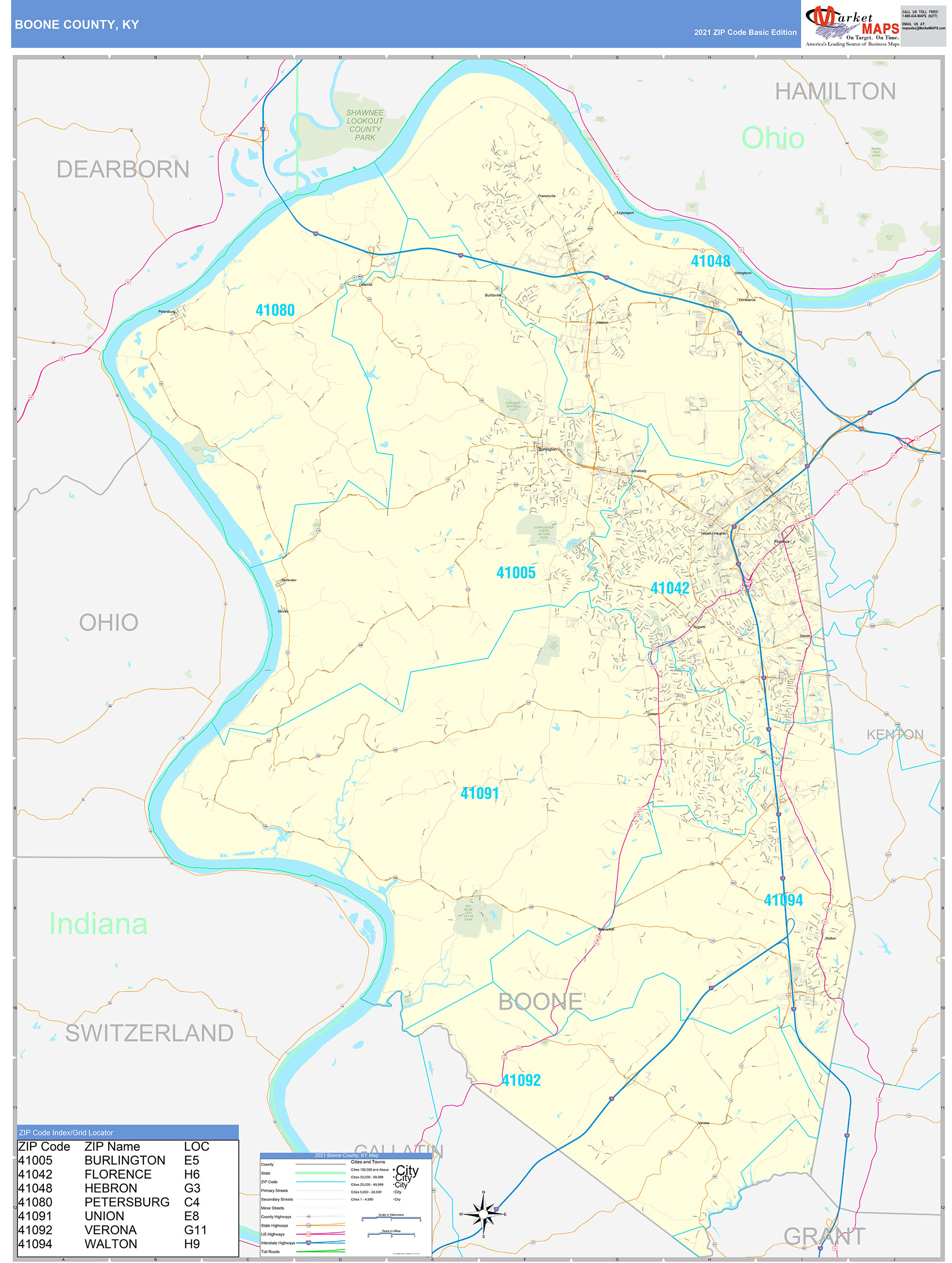 Boone County, KY Zip Code Wall Map Basic Style by MarketMAPS