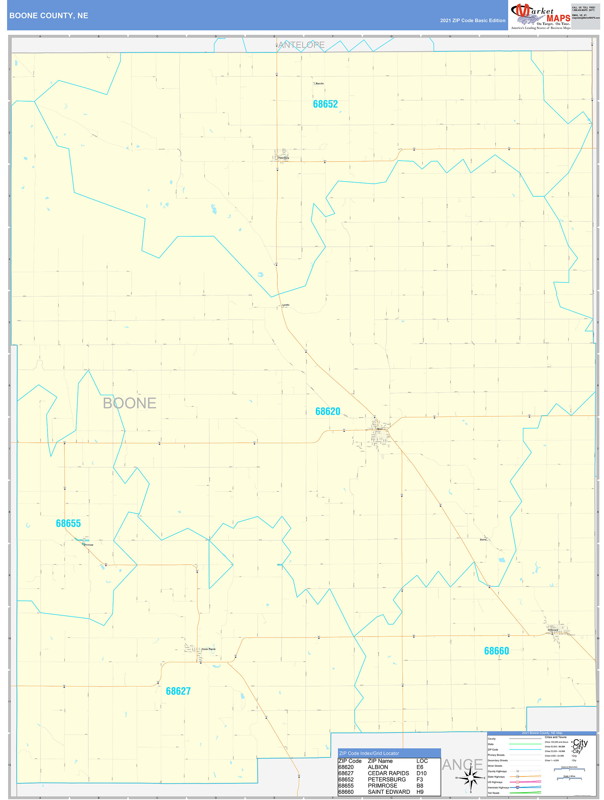 Boone County, NE Zip Code Wall Map Basic Style by MarketMAPS MapSales