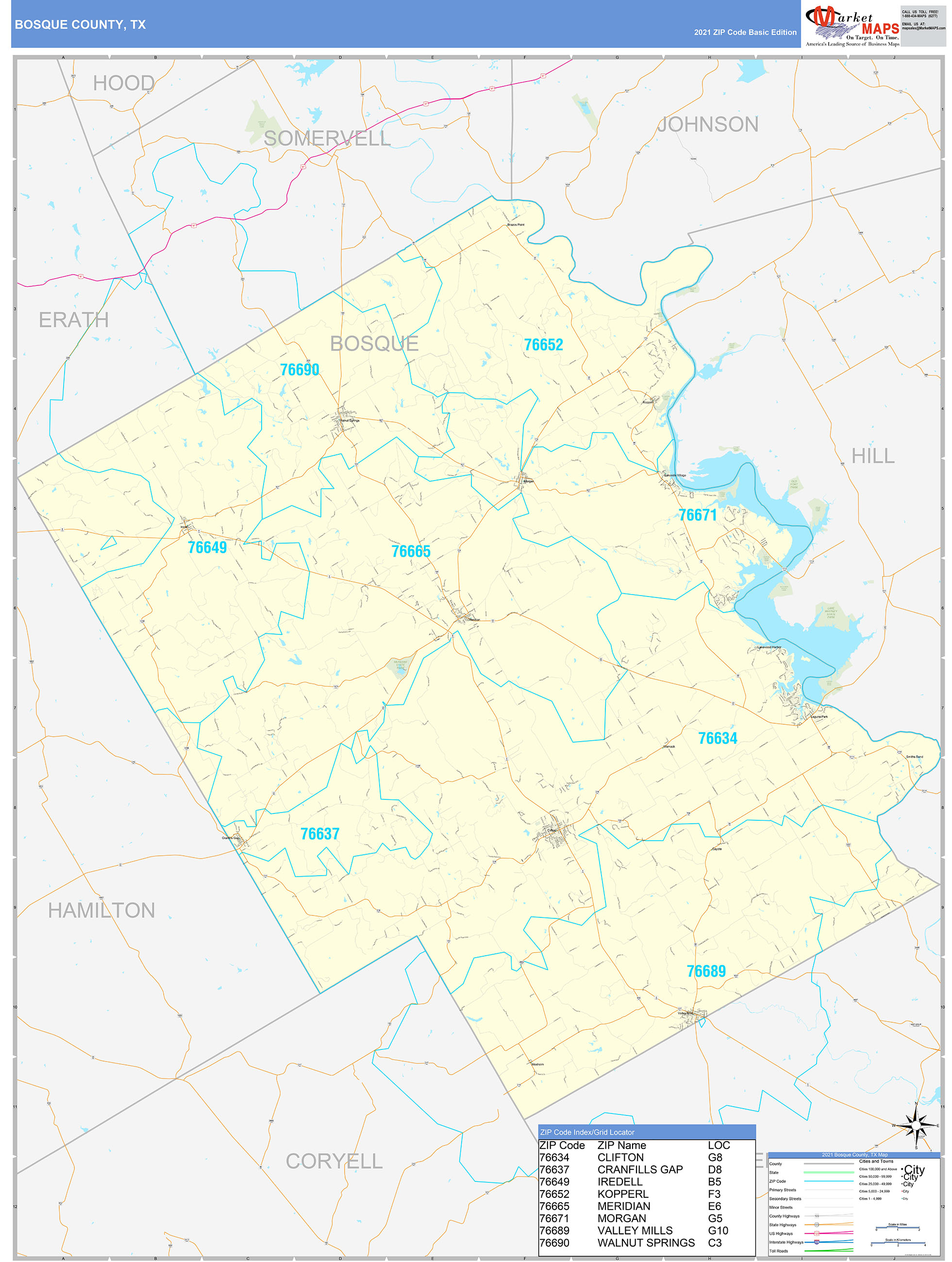 Bosque County, TX Zip Code Wall Map Basic Style by MarketMAPS MapSales