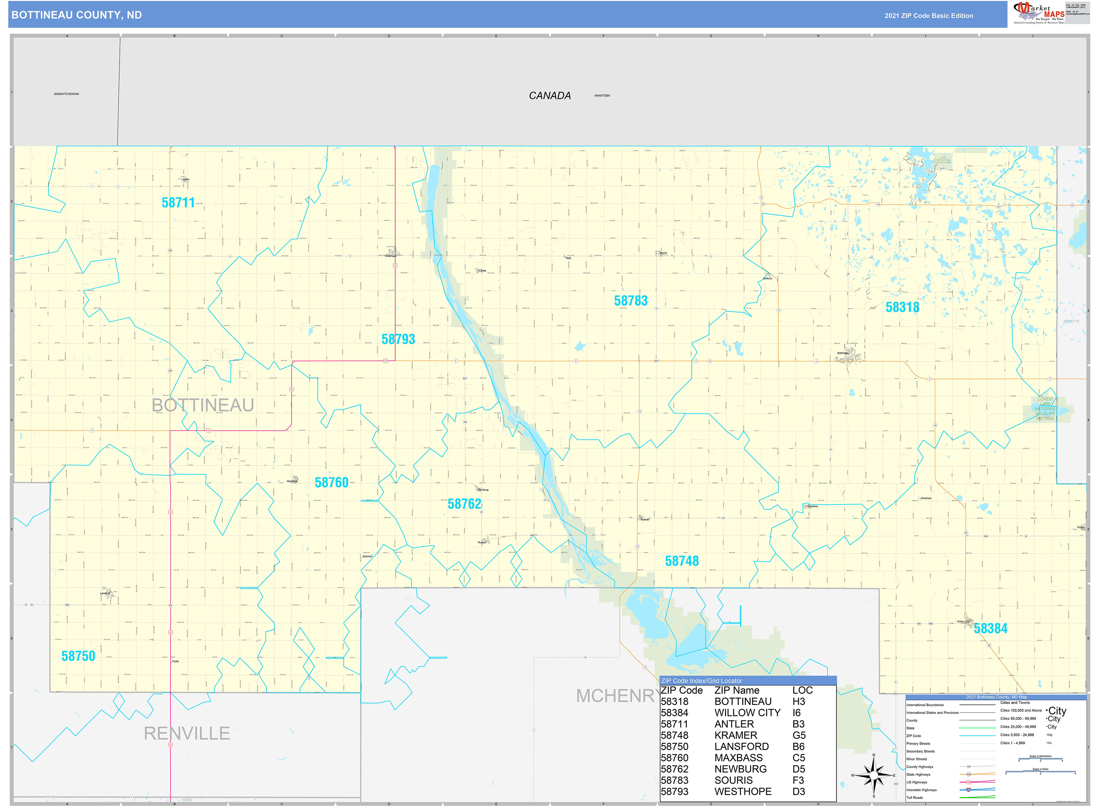 Bottineau County, ND Zip Code Wall Map Basic Style by MarketMAPS