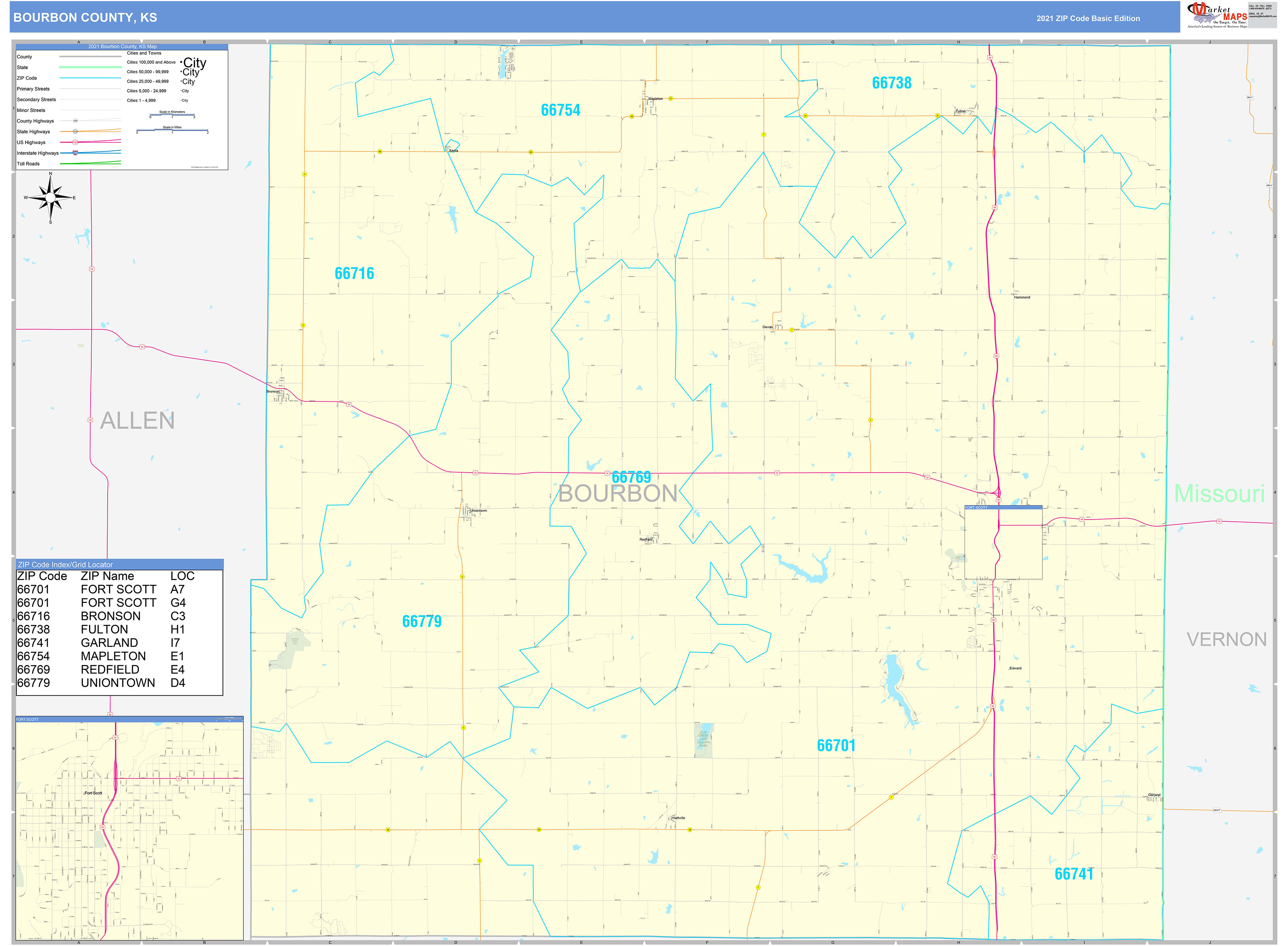 Bourbon County, KS Zip Code Wall Map Basic Style by MarketMAPS