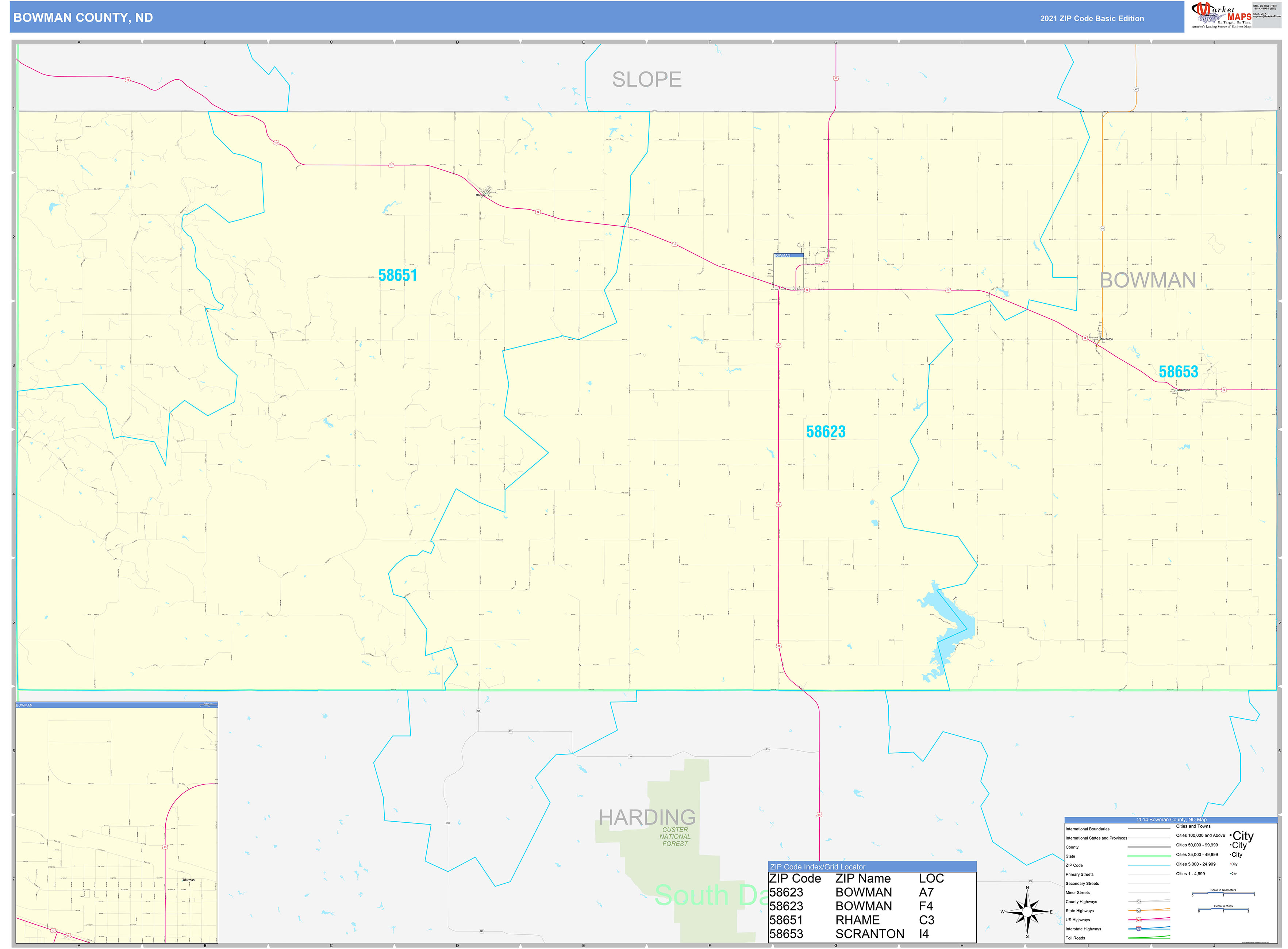 Bowman County, ND Zip Code Wall Map Basic Style by MarketMAPS