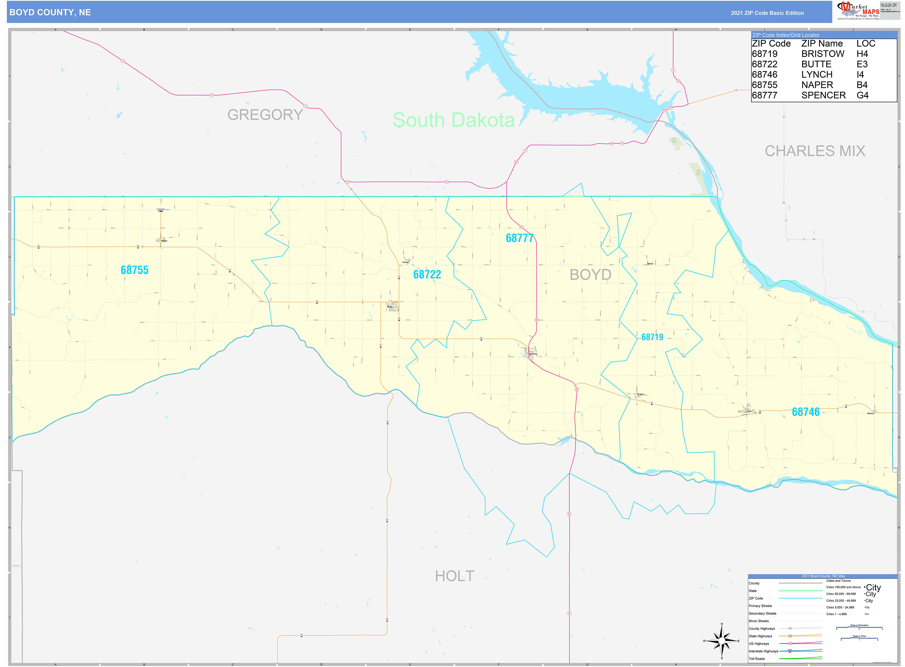Boyd County, NE Zip Code Wall Map Basic Style by MarketMAPS