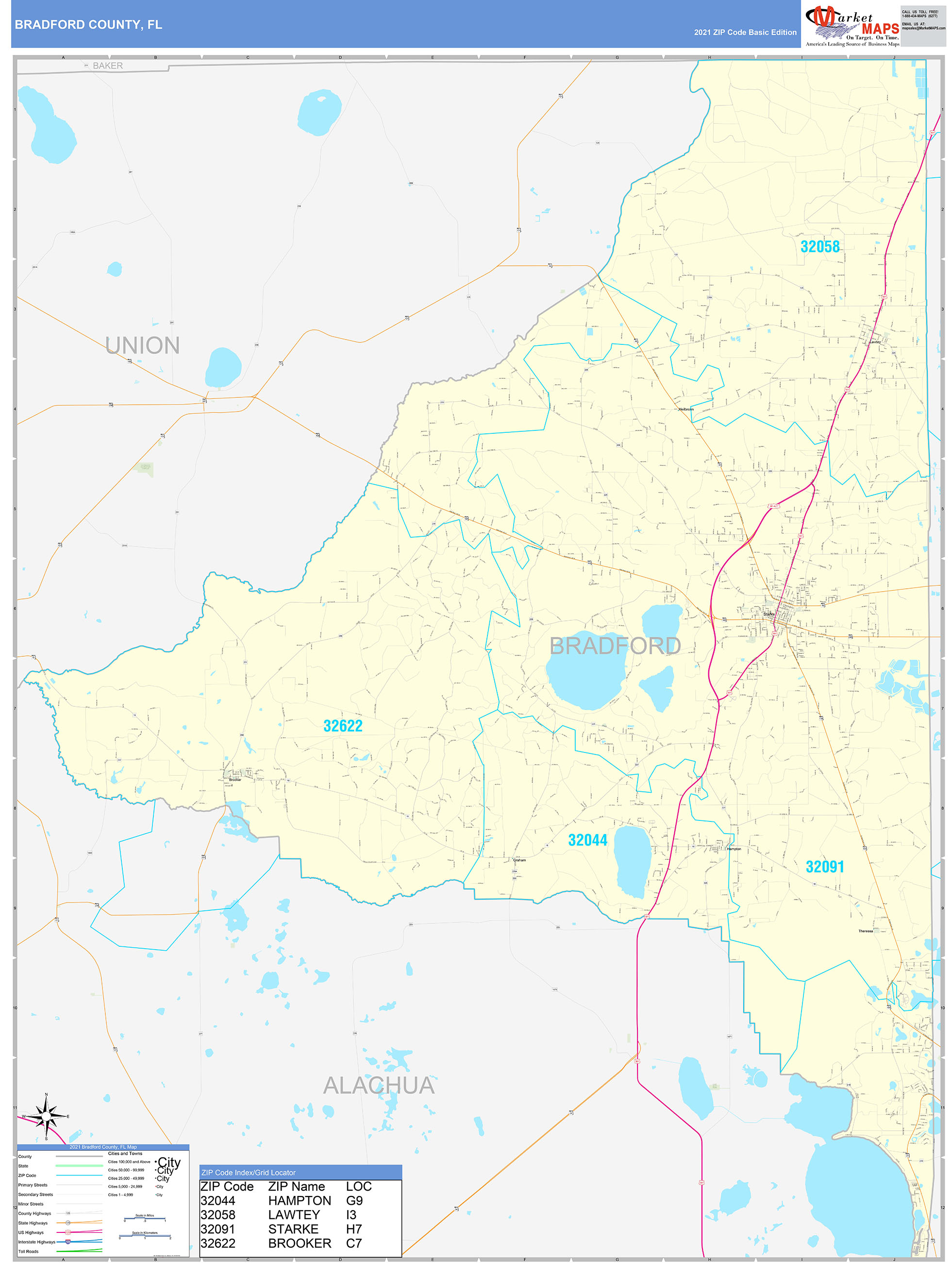 Bradford County, FL Zip Code Wall Map Basic Style by MarketMAPS MapSales