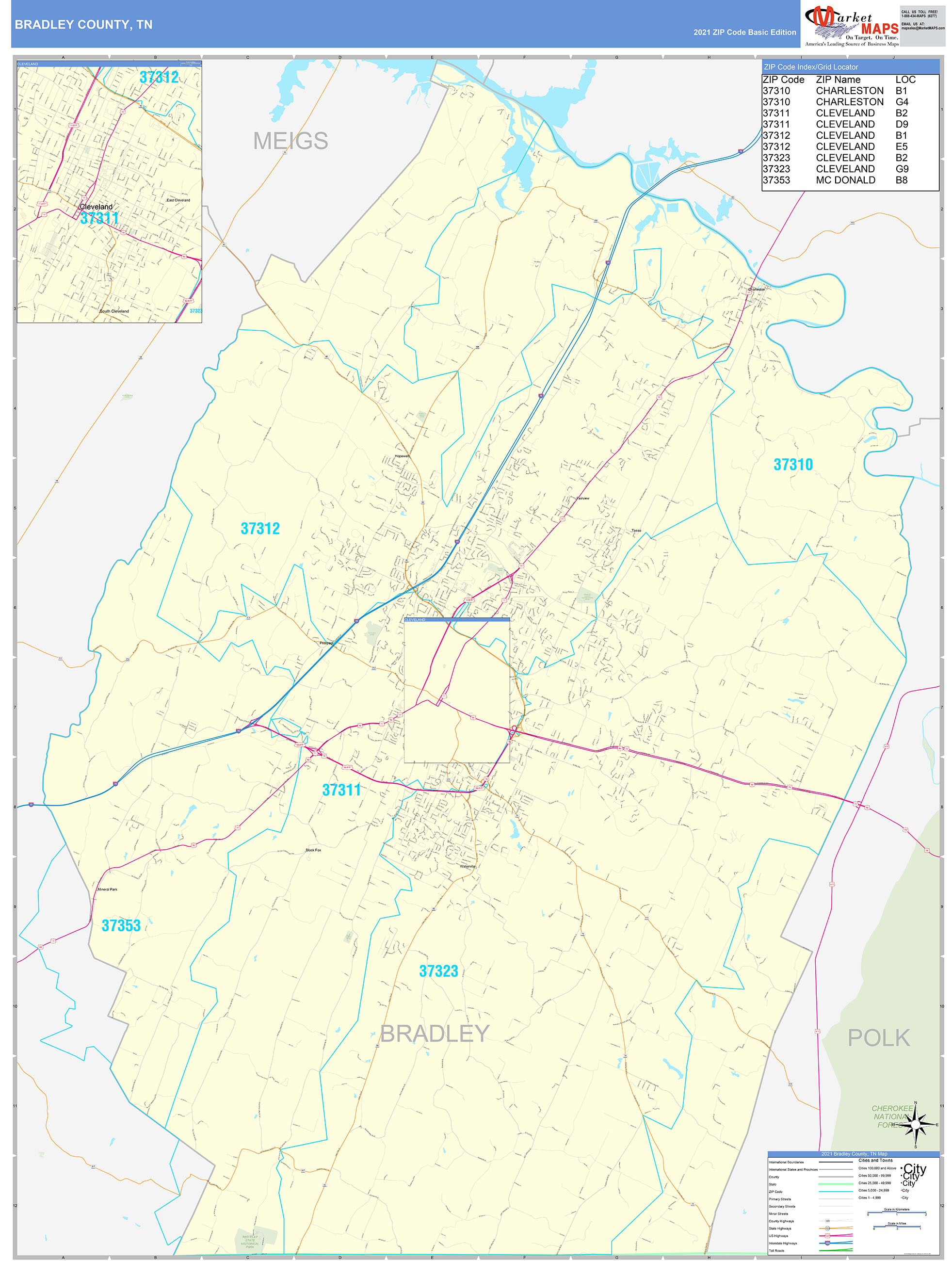 Bradley County, TN Zip Code Wall Map Basic Style by MarketMAPS MapSales